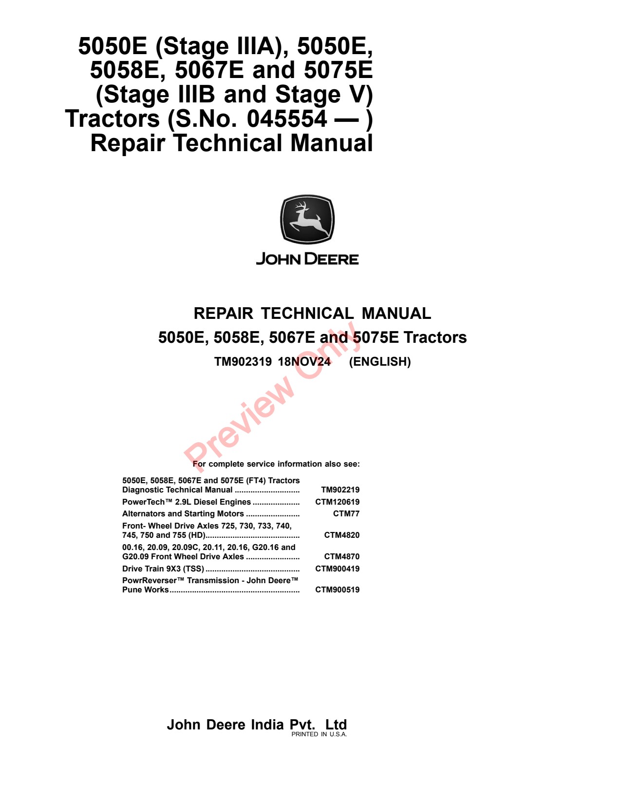 John Deere 5050E 5058E 5067E 5075E Tractor Repair Technical Manual TM902319 1 John Deere 5050E 5058E 5067E 5075E Tractor Repair Technical Manual TM902319