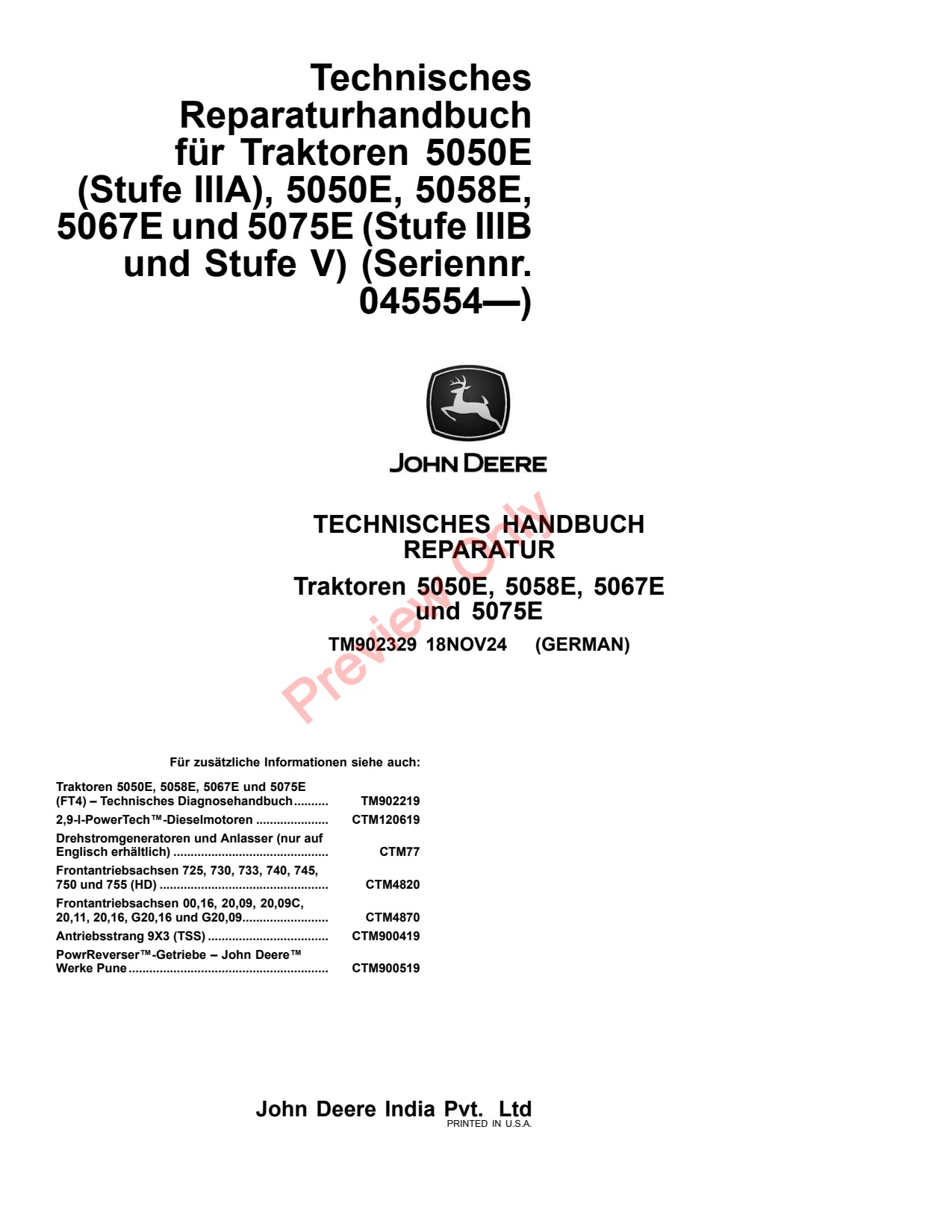 John Deere 5050E 5058E 5067E 5075E Tractor Repair Technical Manual TM902329 DE 1 John Deere 5050E 5058E 5067E 5075E Tractor Repair Technical Manual TM902329 DE