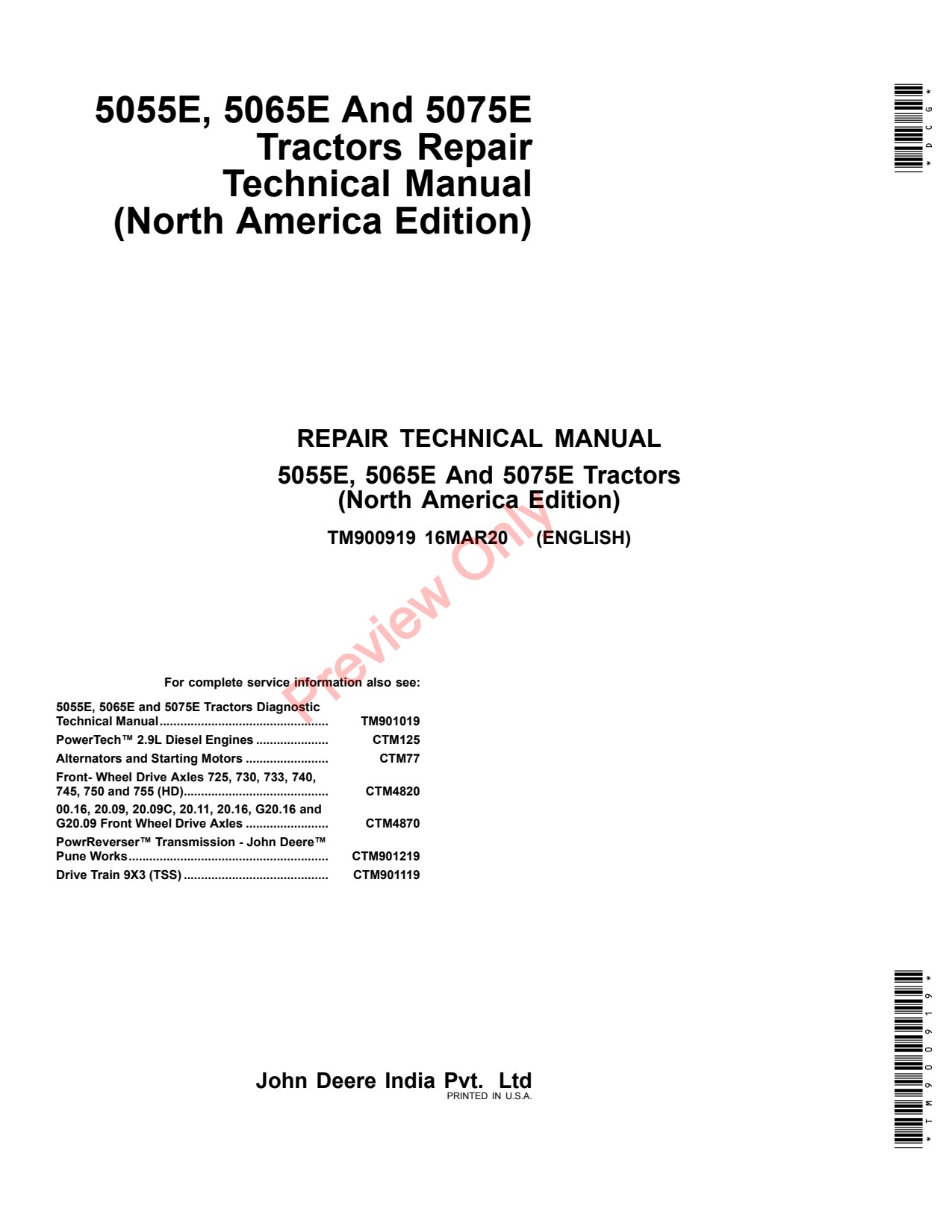 John Deere 5055E 5065E 5075E MY2013 Tractor Repair Diagnostic Technical Manual TM900919 1 John Deere 5055E 5065E 5075E MY2013 Tractor Repair Diagnostic Technical Manual TM900919
