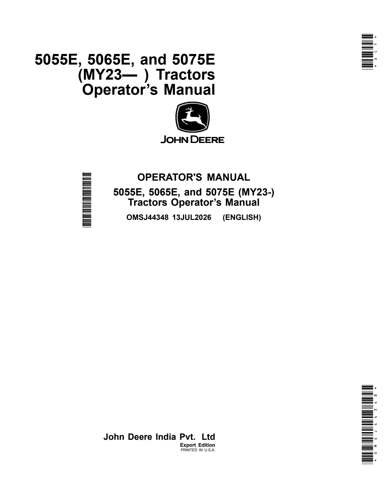 John Deere 5055E 5065E 5075E MY23 Tractor Operator Manual OMSJ44348 1 John Deere 5055E 5065E 5075E MY23 Tractor Operator Manual OMSJ44348