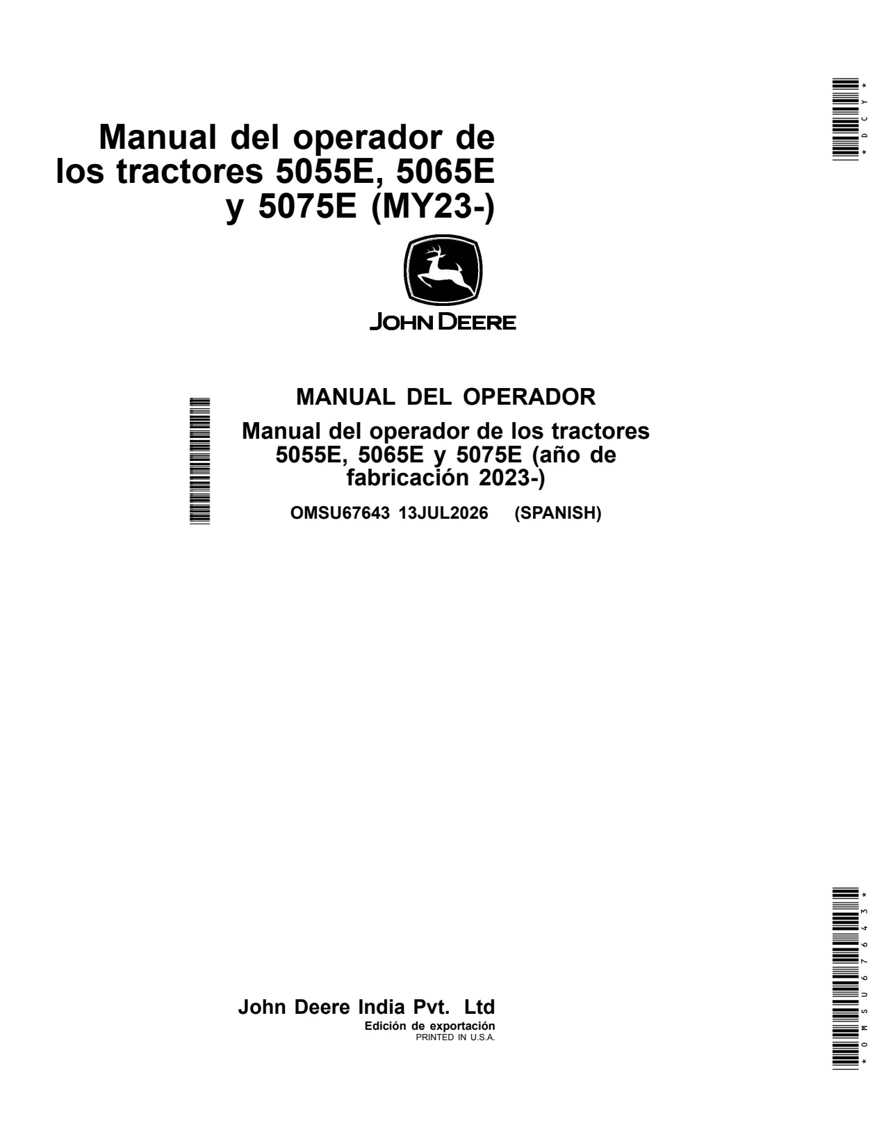 John Deere 5055E 5065E 5075E MY23 Tractor Operator Manual OMSU67643 ES 1 John Deere 5055E 5065E 5075E MY23 Tractor Operator Manual OMSU67643 ES