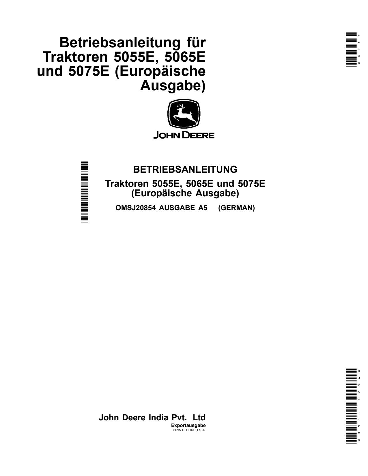 John Deere 5055E 5065E 5075E Tractor Operator Manual OMSJ20854 DE 1 John Deere 5055E 5065E 5075E Tractor Operator Manual OMSJ20854 DE