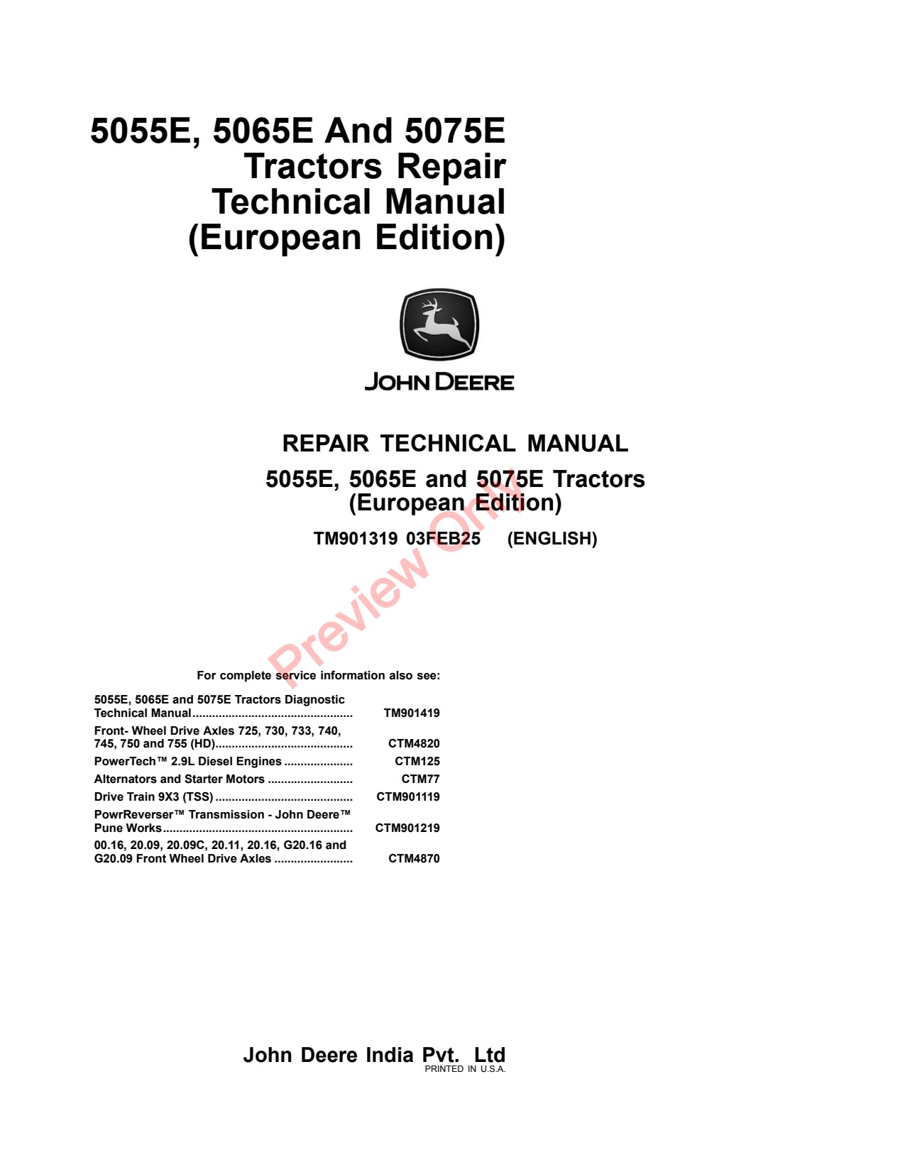 John Deere 5055E 5065E 5075E Tractor Repair Technical Manual TM901319 1 John Deere 5055E 5065E 5075E Tractor Repair Technical Manual TM901319