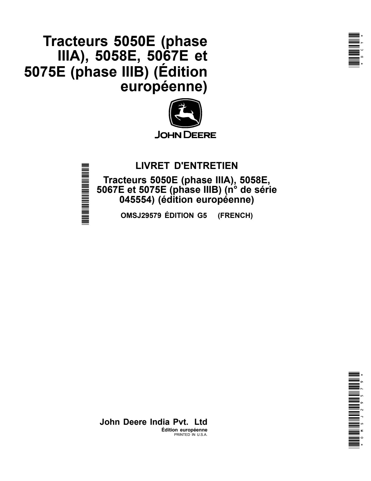 John Deere 5058E 5067E 5075E 5050E Tractor Operator Manual OMSJ29579 FR 1 John Deere 5058E 5067E 5075E 5050E Tractor Operator Manual OMSJ29579 FR