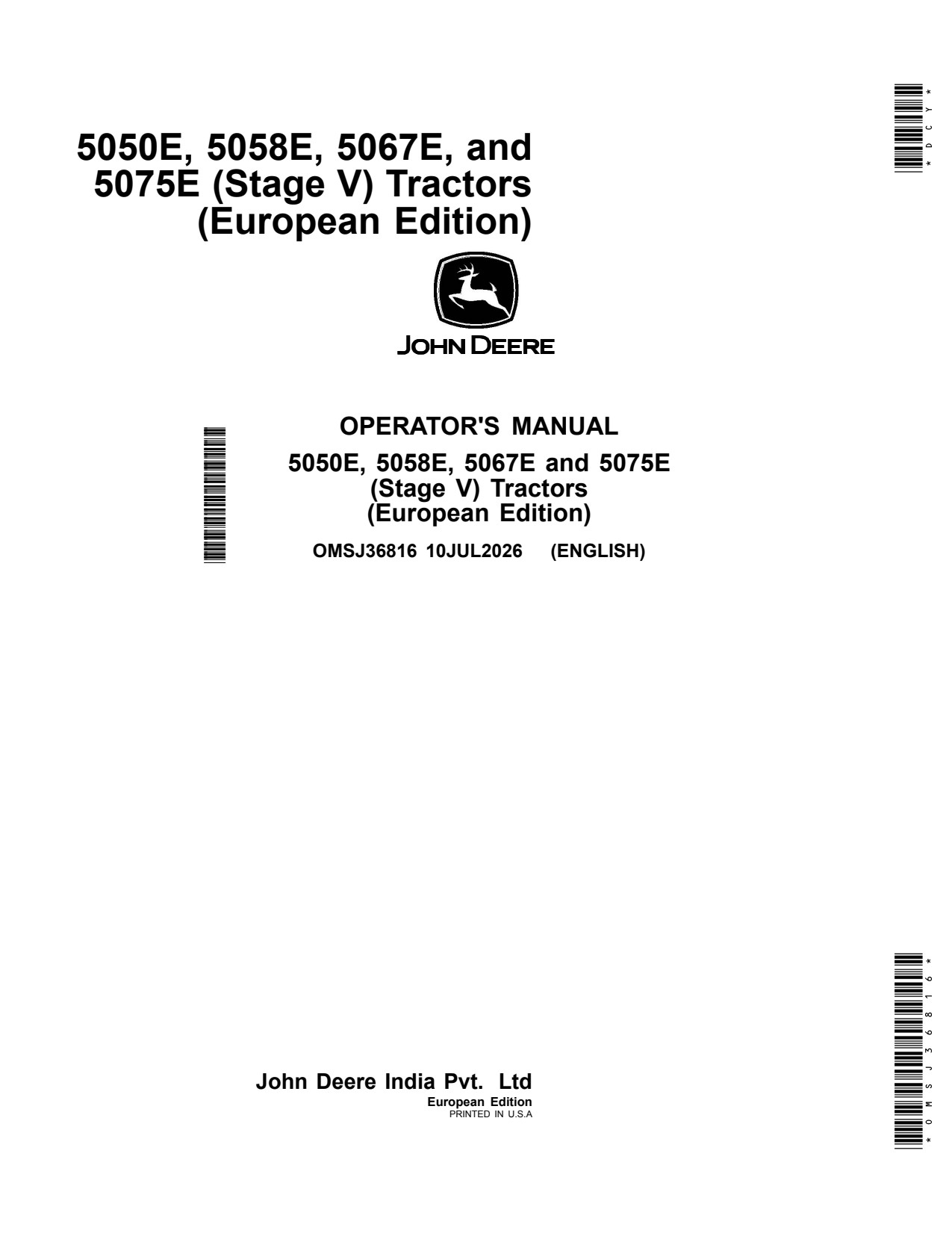 John Deere 5058E 5067E 5075E 5050E Tractor Operator Manual OMSJ36816 1 John Deere 5058E 5067E 5075E 5050E Tractor Operator Manual OMSJ36816