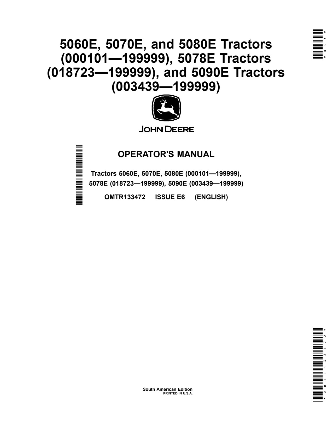 John Deere 5060E 5070E 5078E 5080E 5090E Tractor Operator Manual OMTR133472 1 John Deere 5060E 5070E 5078E 5080E 5090E Tractor Operator Manual OMTR133472