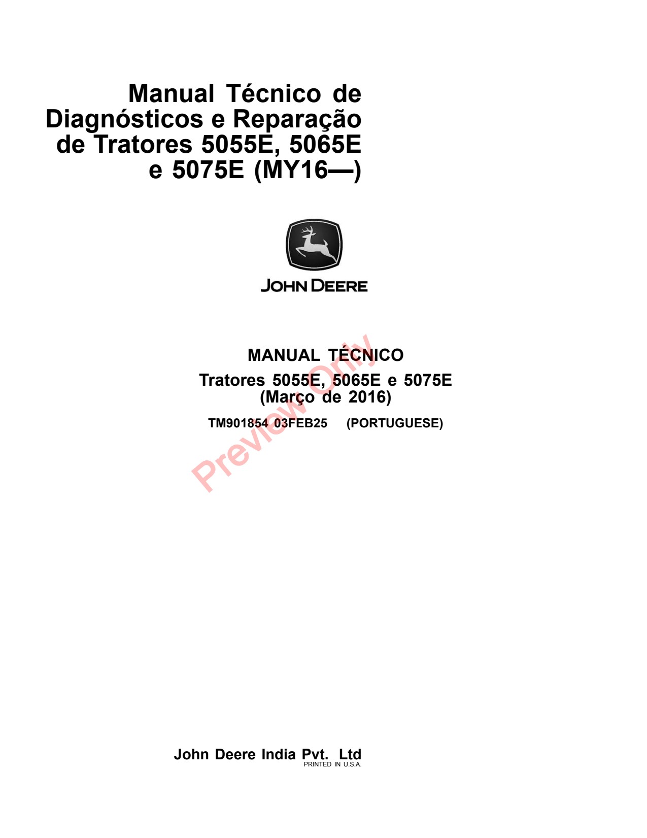 John Deere 5065E 5055E 5075E 5310E MY16 Tractor Repair Technical Manual TM901854 PT 1 John Deere 5065E 5055E 5075E 5310E MY16 Tractor Repair Technical Manual TM901854 PT