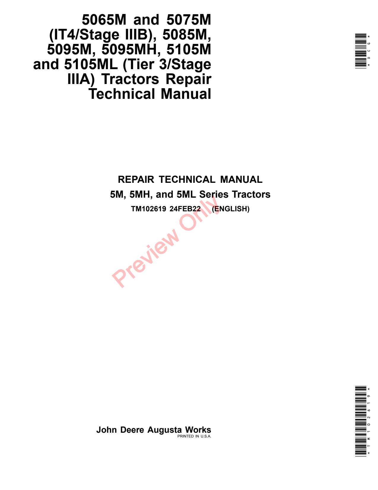 John Deere 5065M 5075M 5085M 5095M 5095MH 5105M 5105ML IT4 Tractor Repair Technical Manual TM102619 1 John Deere 5065M 5075M 5085M 5095M 5095MH 5105M 5105ML IT4 Tractor Repair Technical Manual TM102619