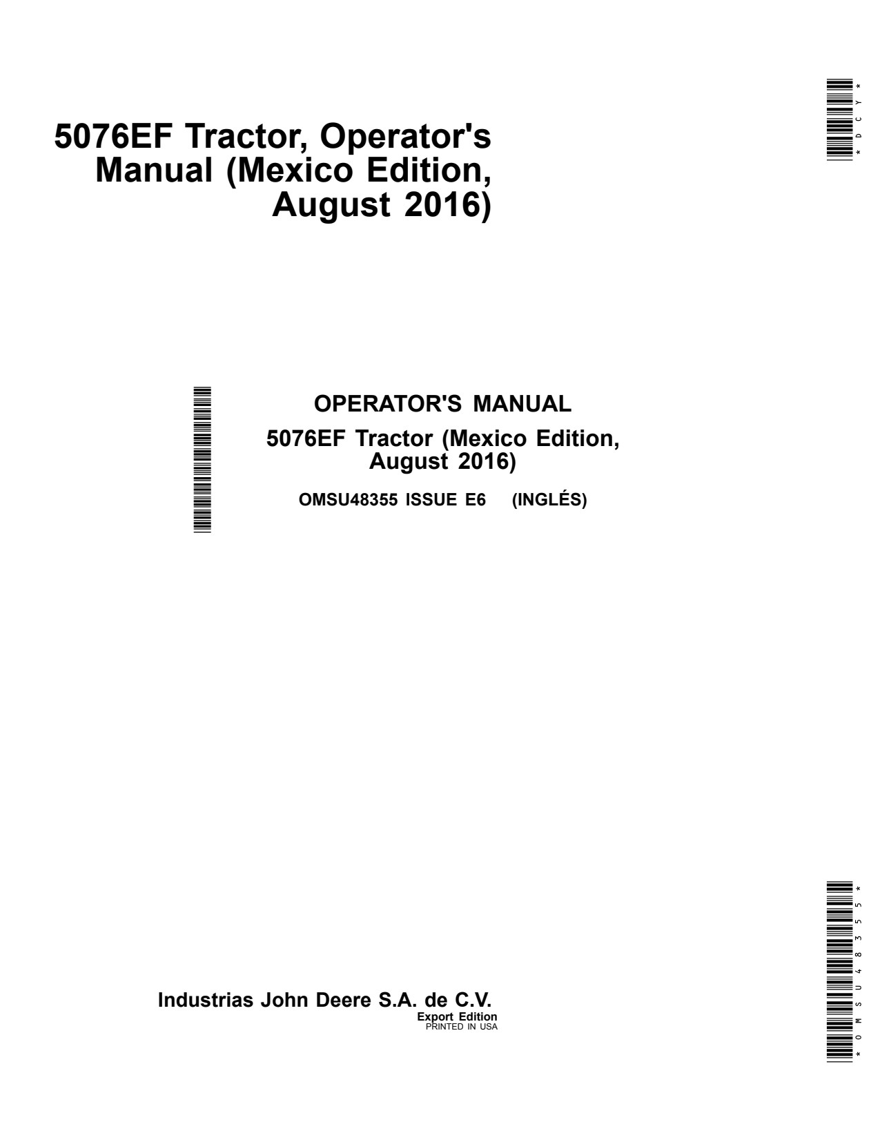 John Deere 5076EF Tractor Operator Manual OMSU48355 1 John Deere 5076EF Tractor Operator Manual OMSU48355