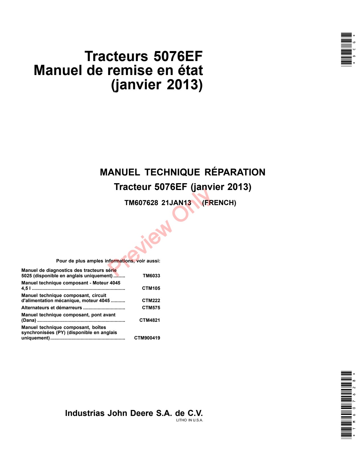 John Deere 5076EF Tractor Technical Manual TM607628 FR 1 John Deere 5076EF Tractor Technical Manual TM607628 FR