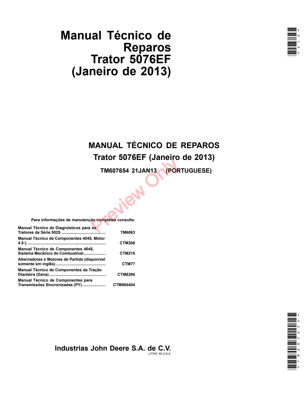 John Deere 5076EF Tractor Technical Manual TM607654 PT 1 John Deere 5076EF Tractor Technical Manual TM607654 PT