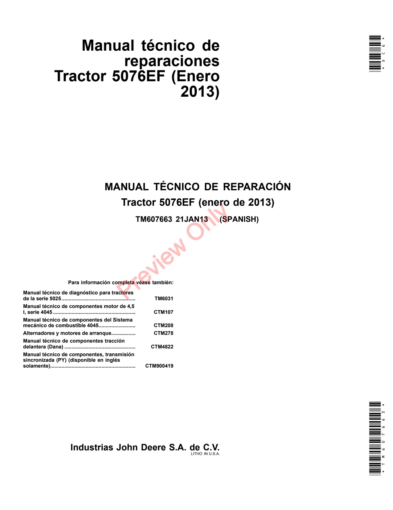 John Deere 5076EF Tractor Technical Manual TM607663 ES 1 John Deere 5076EF Tractor Technical Manual TM607663 ES