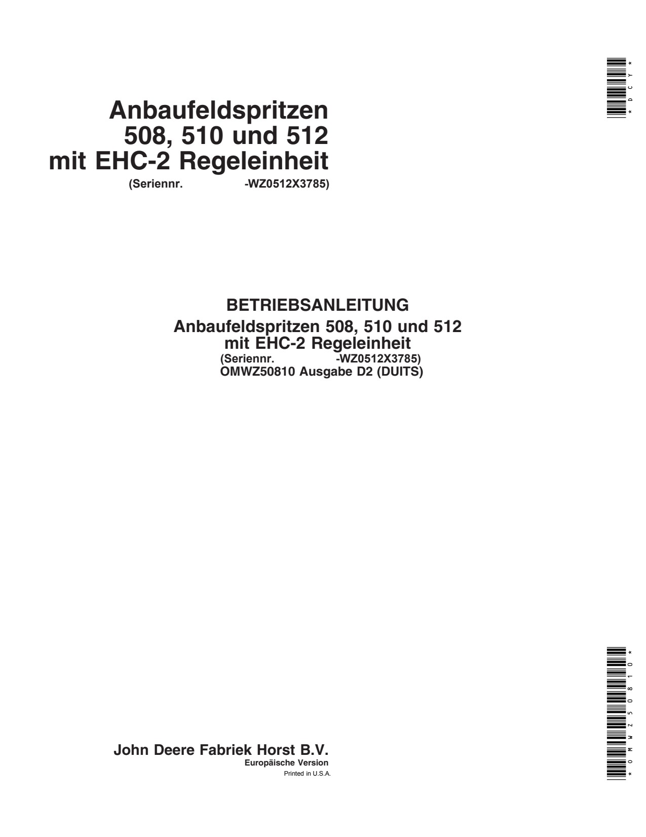 John Deere 508 to 512 EHC-2 Mounted Crop Sprayer Operator Manual OMWZ50810 DE 1 John Deere 508 to 512 EHC-2 Mounted Crop Sprayer Operator Manual OMWZ50810 DE