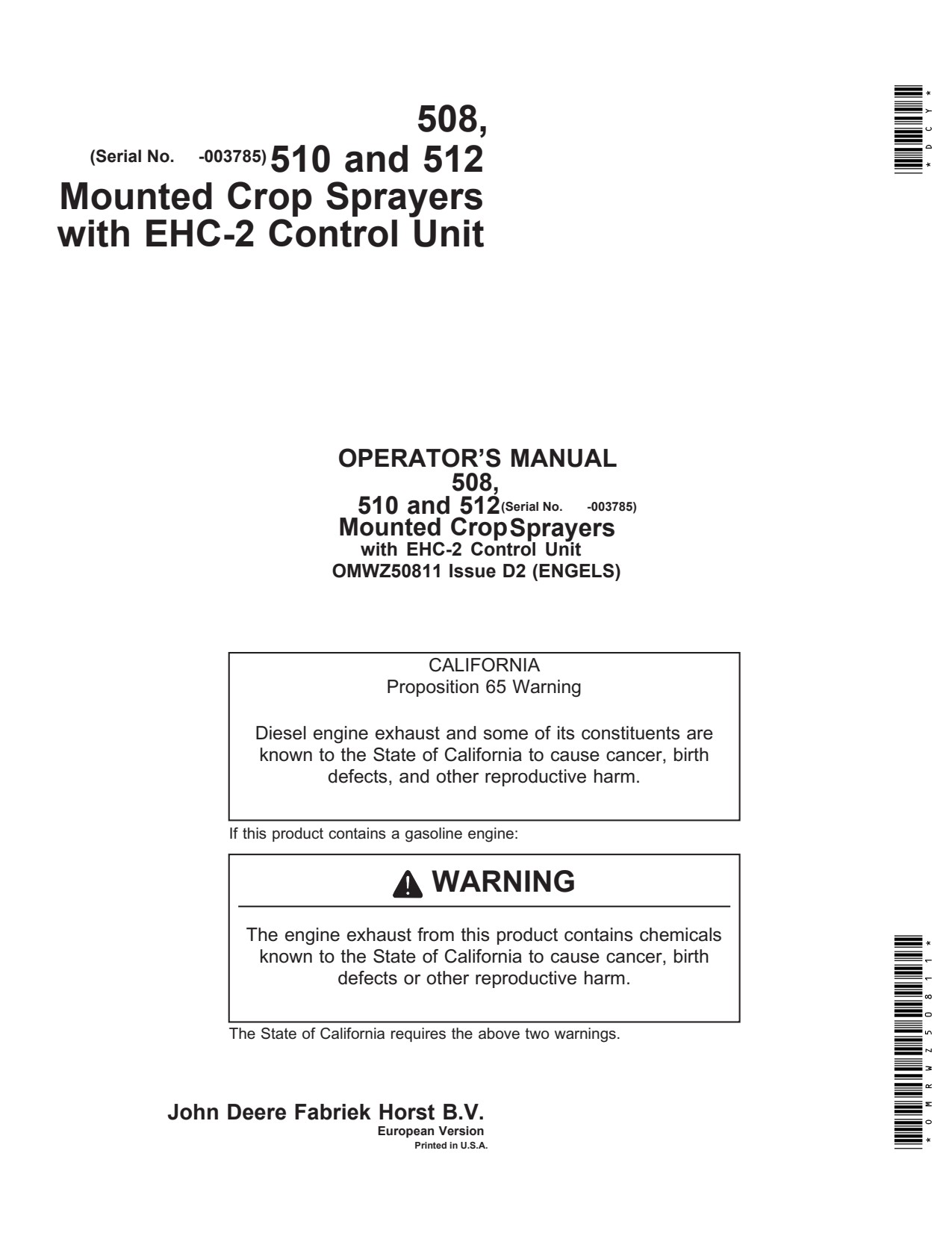 John Deere 508 to 512 EHC-2 Mounted Crop Sprayer Operator Manual OMWZ50811 1 John Deere 508 to 512 EHC-2 Mounted Crop Sprayer Operator Manual OMWZ50811