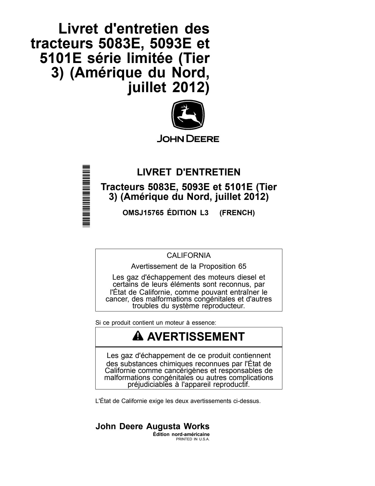 John Deere 5083E 5093E 5101E Tractor Operator Manual OMSJ15765 FR 1 John Deere 5083E 5093E 5101E Tractor Operator Manual OMSJ15765 FR