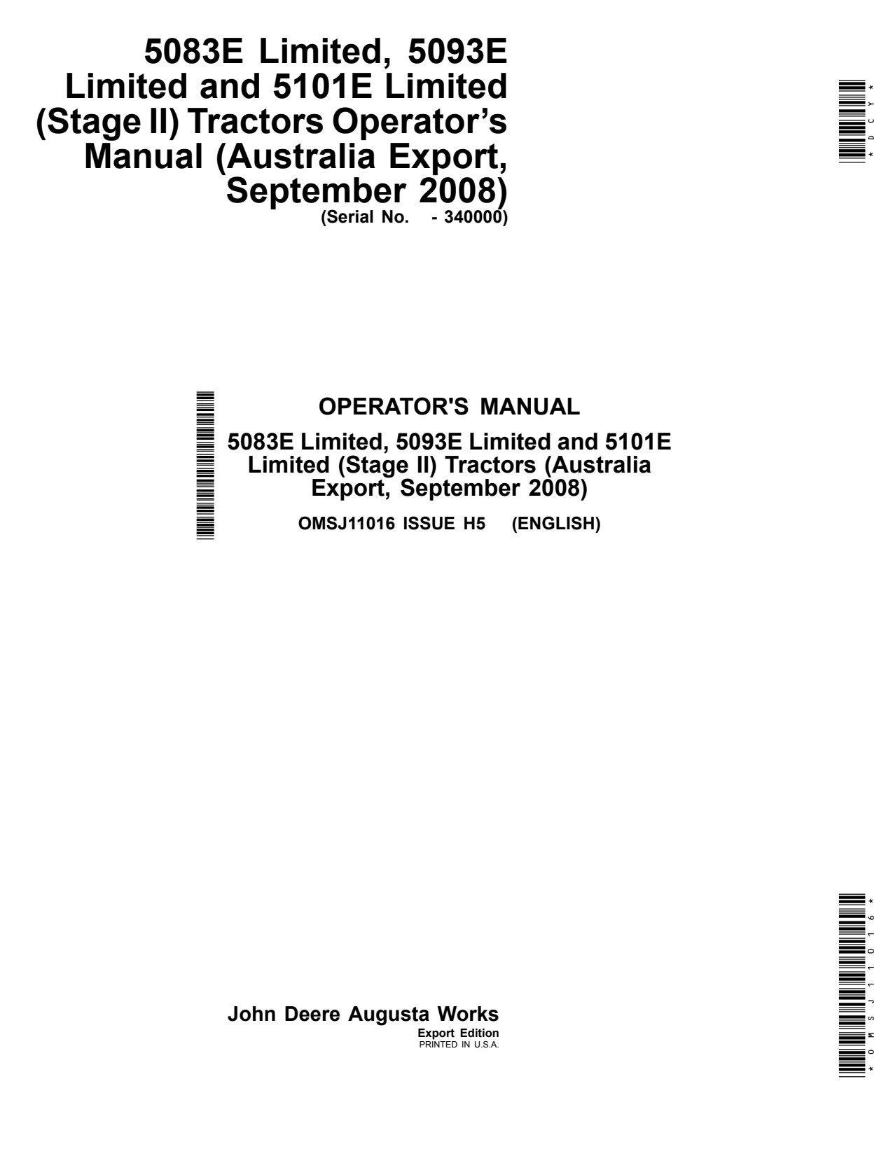 John Deere 5083E 5093E Limited 5101E Tractor Operator Manual OMSJ11016 1 John Deere 5083E 5093E Limited 5101E Tractor Operator Manual OMSJ11016
