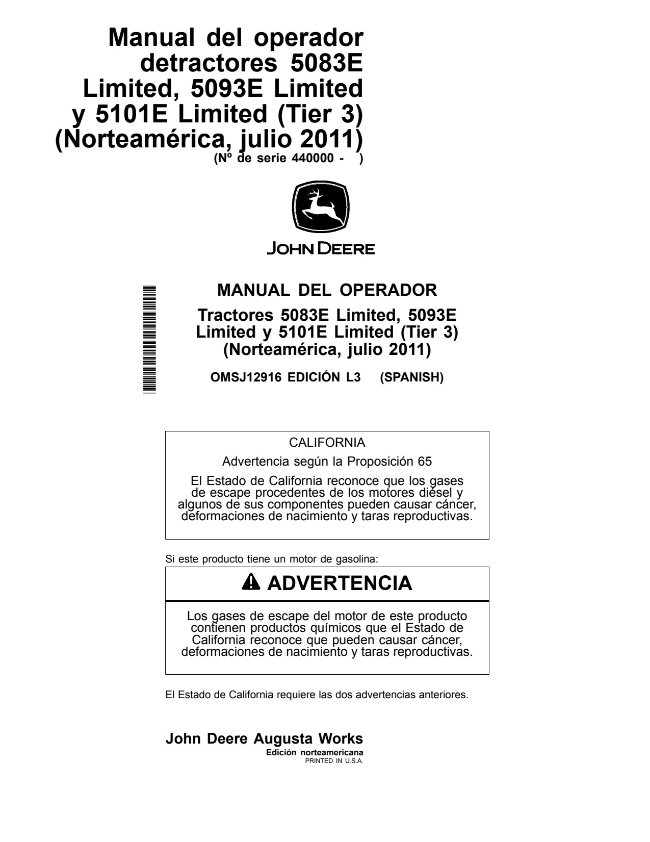 John Deere 5083E Limited 5093E 5101E Tractor Operator Manual OMSJ12916 ES 1 John Deere 5083E Limited 5093E 5101E Tractor Operator Manual OMSJ12916 ES
