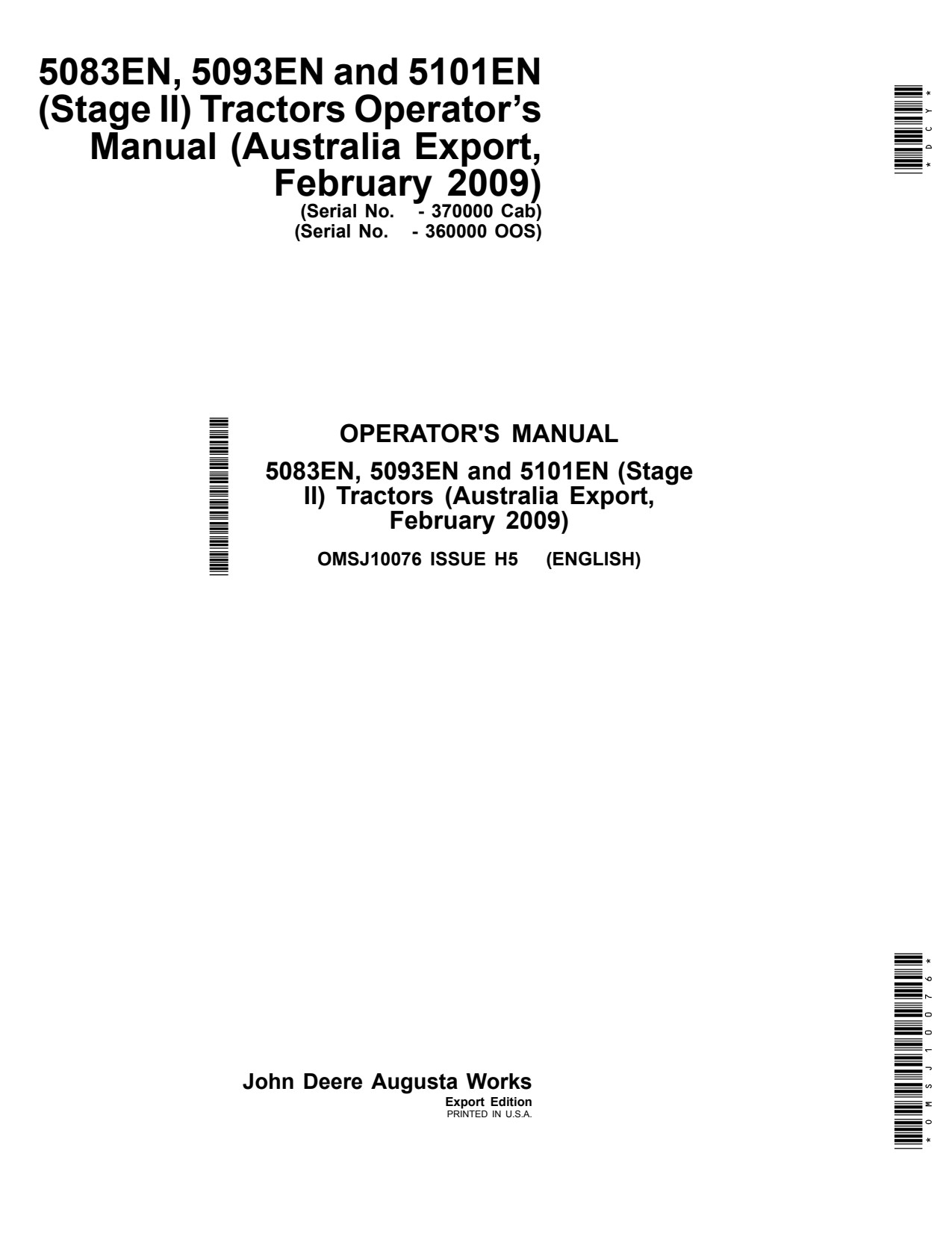 John Deere 5083EN 5093EN 5101EN Tractor Operator Manual OMSJ10076 1 John Deere 5083EN 5093EN 5101EN Tractor Operator Manual OMSJ10076