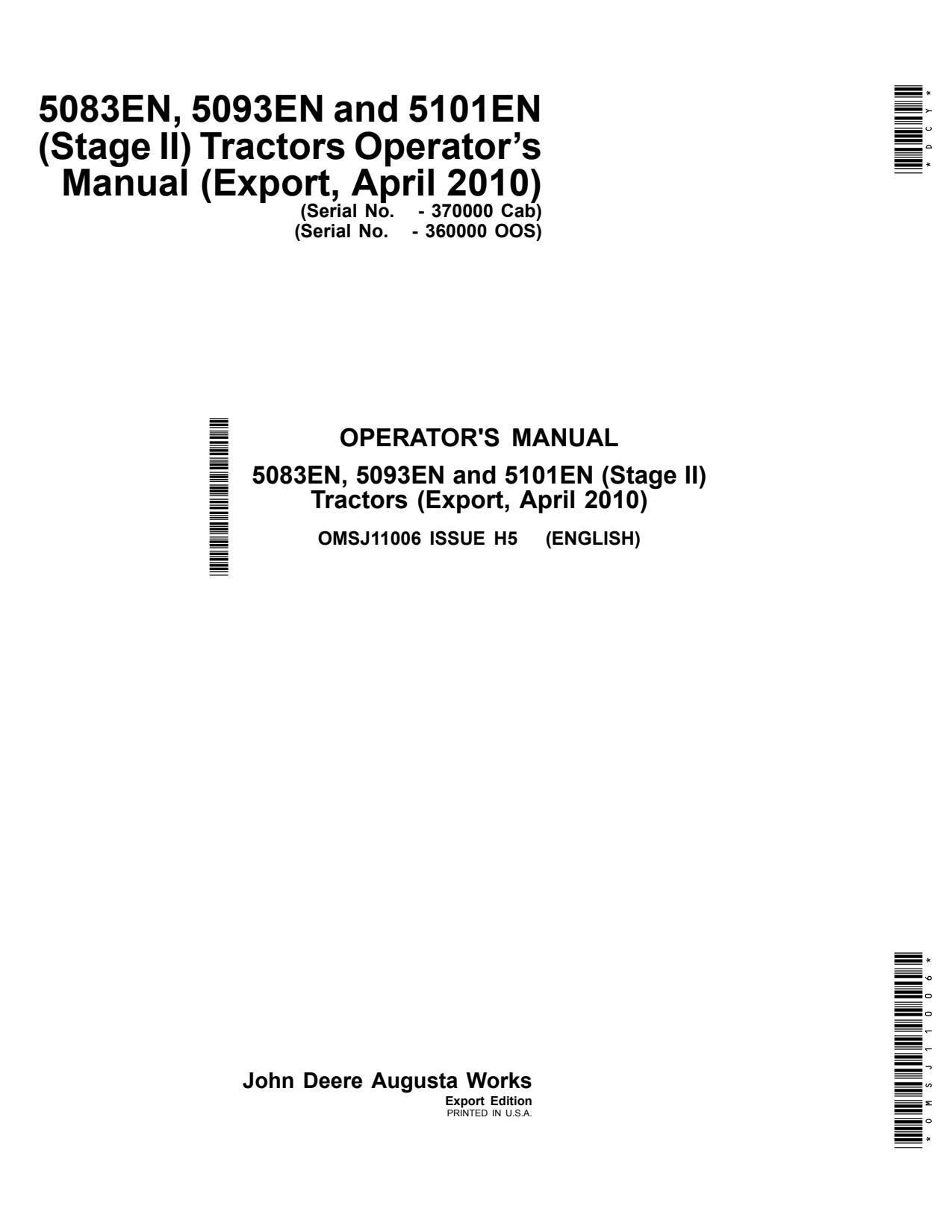 John Deere 5083EN 5093EN 5101EN Tractor Operator Manual OMSJ11006 1 John Deere 5083EN 5093EN 5101EN Tractor Operator Manual OMSJ11006
