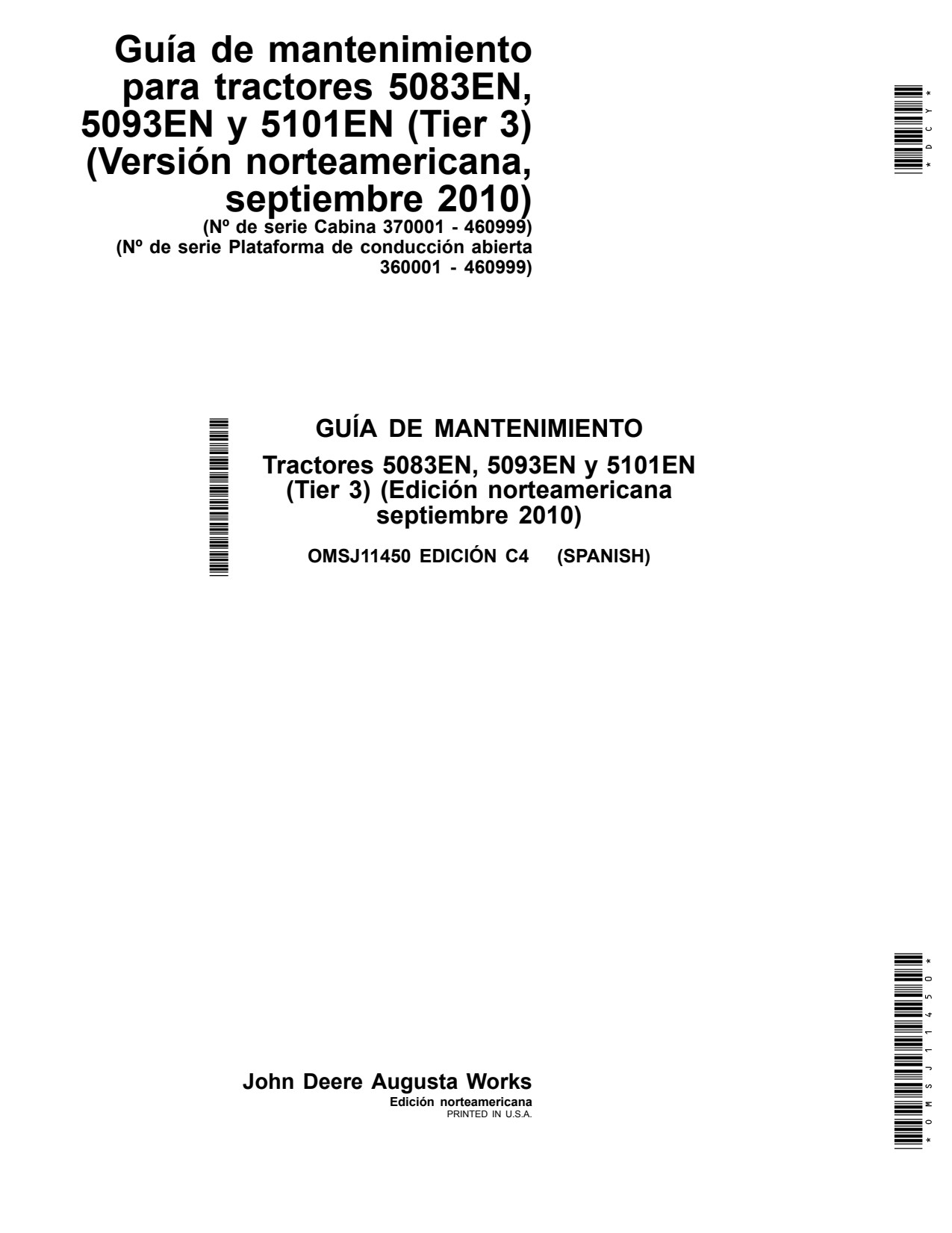 John Deere 5083EN 5093EN 5101EN Tractor Operator Manual OMSJ11450 ES 1 John Deere 5083EN 5093EN 5101EN Tractor Operator Manual OMSJ11450 ES