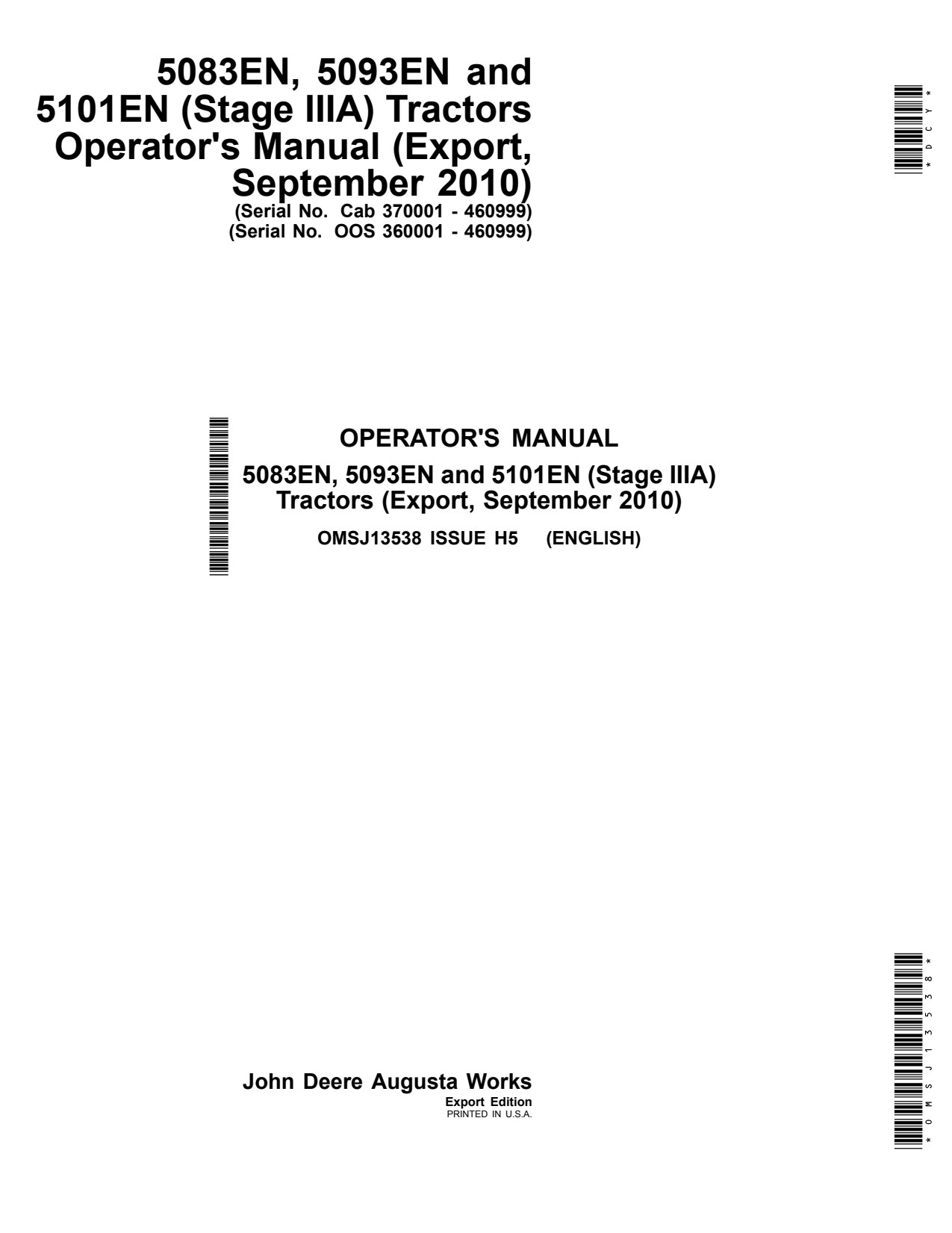 John Deere 5083EN 5093EN 5101EN Tractor Operator Manual OMSJ13538 1 John Deere 5083EN 5093EN 5101EN Tractor Operator Manual OMSJ13538