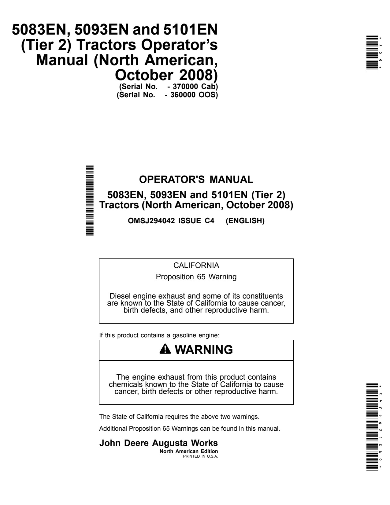 John Deere 5083EN 5093EN 5101EN Tractor Operator Manual OMSJ294042 1 John Deere 5083EN 5093EN 5101EN Tractor Operator Manual OMSJ294042