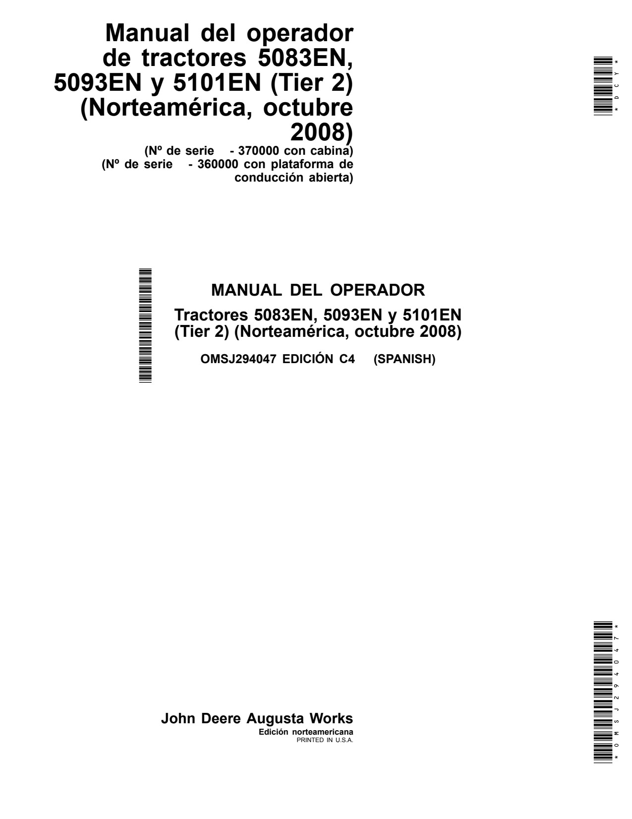 John Deere 5083EN 5093EN 5101EN Tractor Operator Manual OMSJ294047 ES 1 John Deere 5083EN 5093EN 5101EN Tractor Operator Manual OMSJ294047 ES