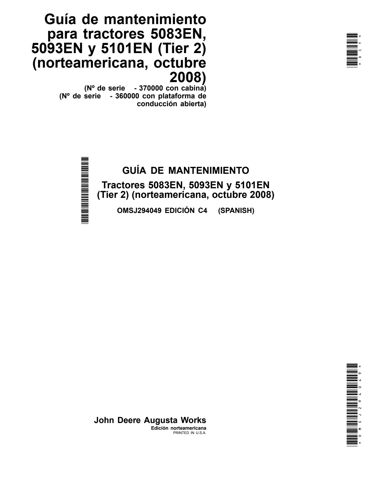 John Deere 5083EN 5093EN 5101EN Tractor Operator Manual OMSJ294049 ES 1 John Deere 5083EN 5093EN 5101EN Tractor Operator Manual OMSJ294049 ES