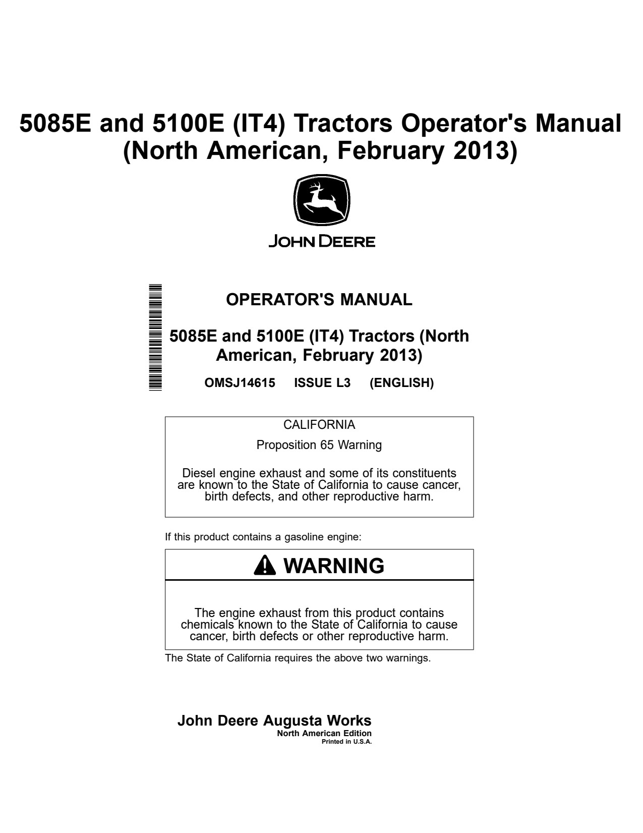 John Deere 5085E 5100E IT4 Tractor Operator Manual OMSJ14615 1 John Deere 5085E 5100E IT4 Tractor Operator Manual OMSJ14615