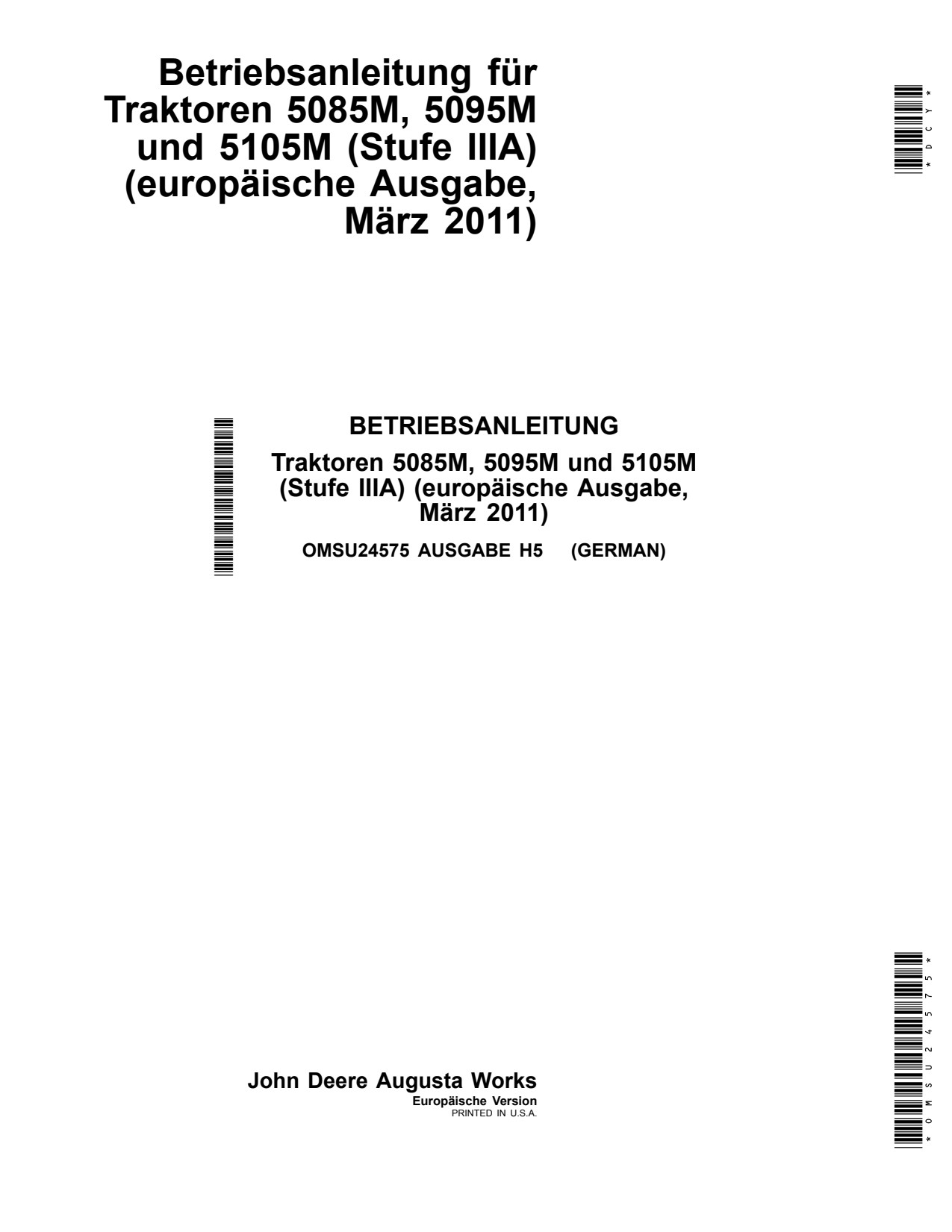 John Deere 5085M 5095M 5105M Tractor Operator Manual OMSU24575 DE 1 John Deere 5085M 5095M 5105M Tractor Operator Manual OMSU24575 DE