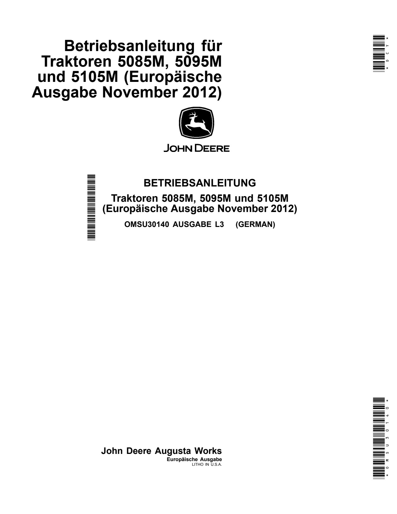 John Deere 5085M 5095M 5105M Tractor Operator Manual OMSU30140 DE 1 John Deere 5085M 5095M 5105M Tractor Operator Manual OMSU30140 DE