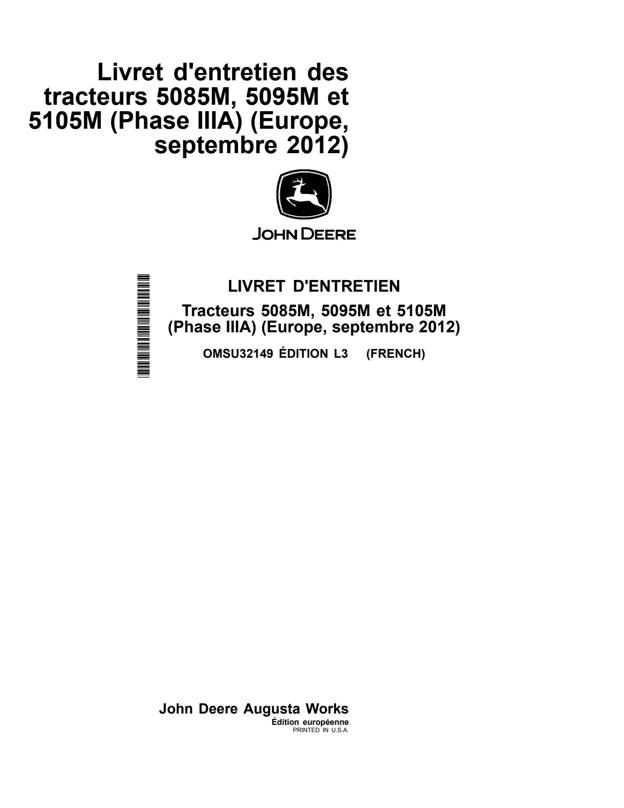 John Deere 5085M 5095M 5105M Tractor Operator Manual OMSU32149 FR 1 John Deere 5085M 5095M 5105M Tractor Operator Manual OMSU32149 FR
