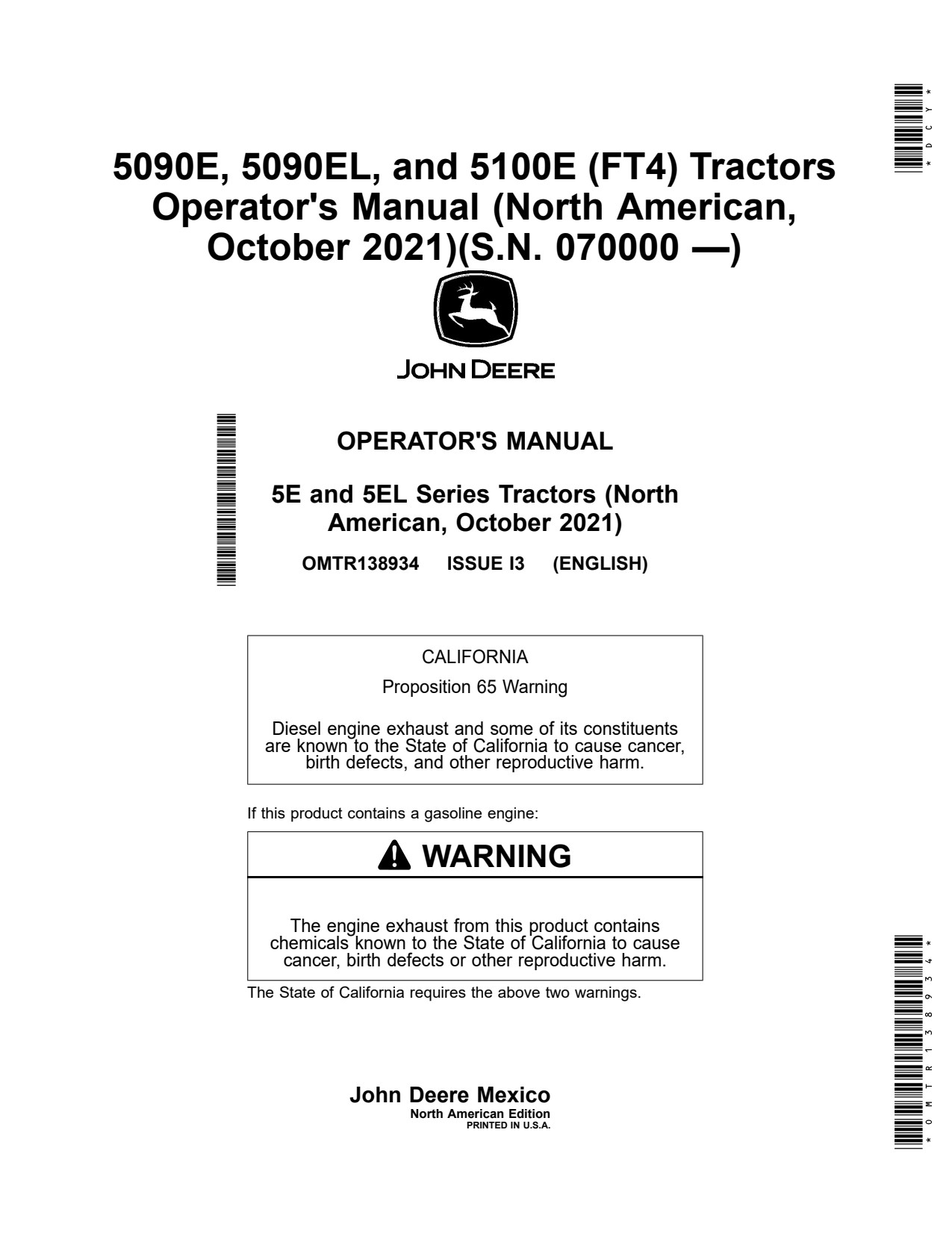 John Deere 5090E 5090EL 5100E FT4 Tractor Operator Manual OMTR138934 1 John Deere 5090E 5090EL 5100E FT4 Tractor Operator Manual OMTR138934