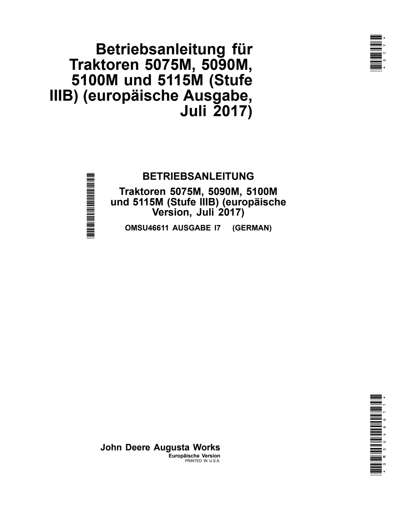 John Deere 5090M 5075M 5100M 5115M Tractor Operator Manual OMSU46611 DE 1 John Deere 5090M 5075M 5100M 5115M Tractor Operator Manual OMSU46611 DE