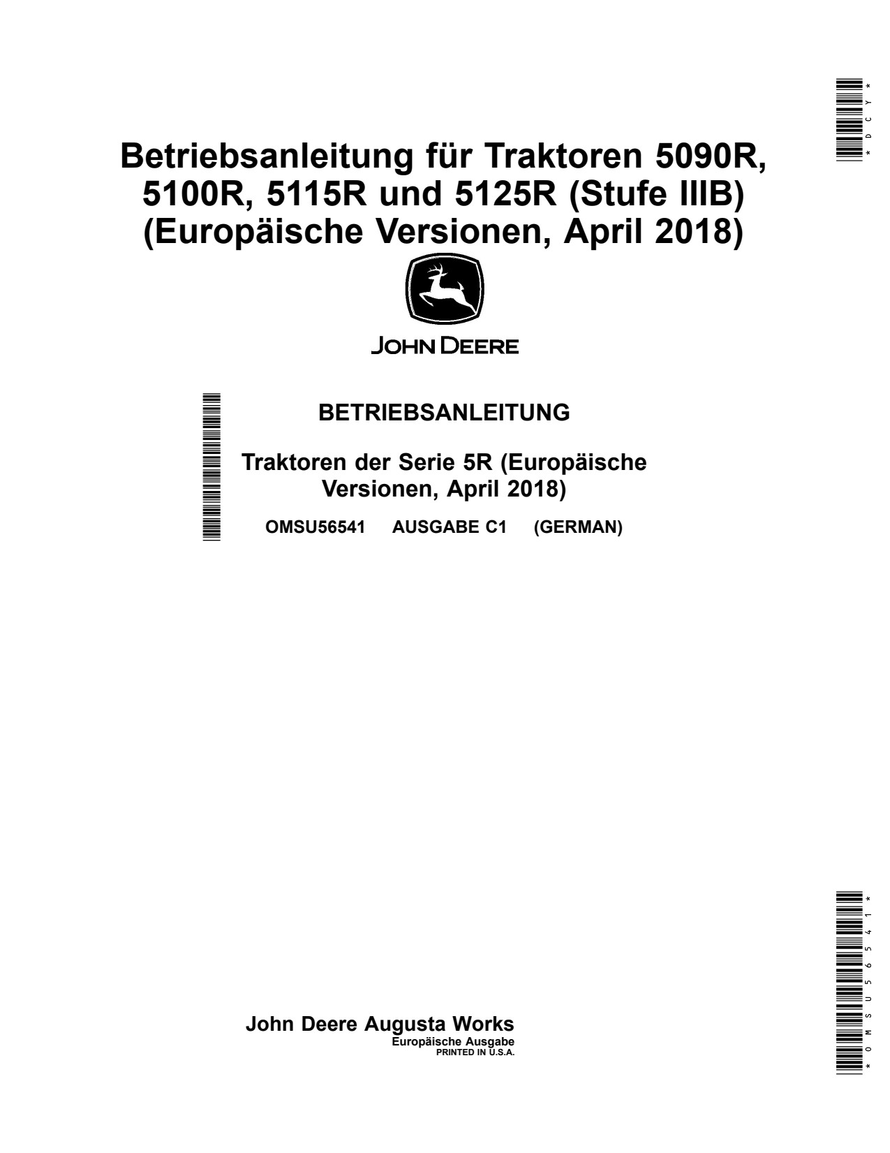 John Deere 5090R 5100R 5115R 5125R Tractor Operator Manual OMSU56541 DE 1 John Deere 5090R 5100R 5115R 5125R Tractor Operator Manual OMSU56541 DE