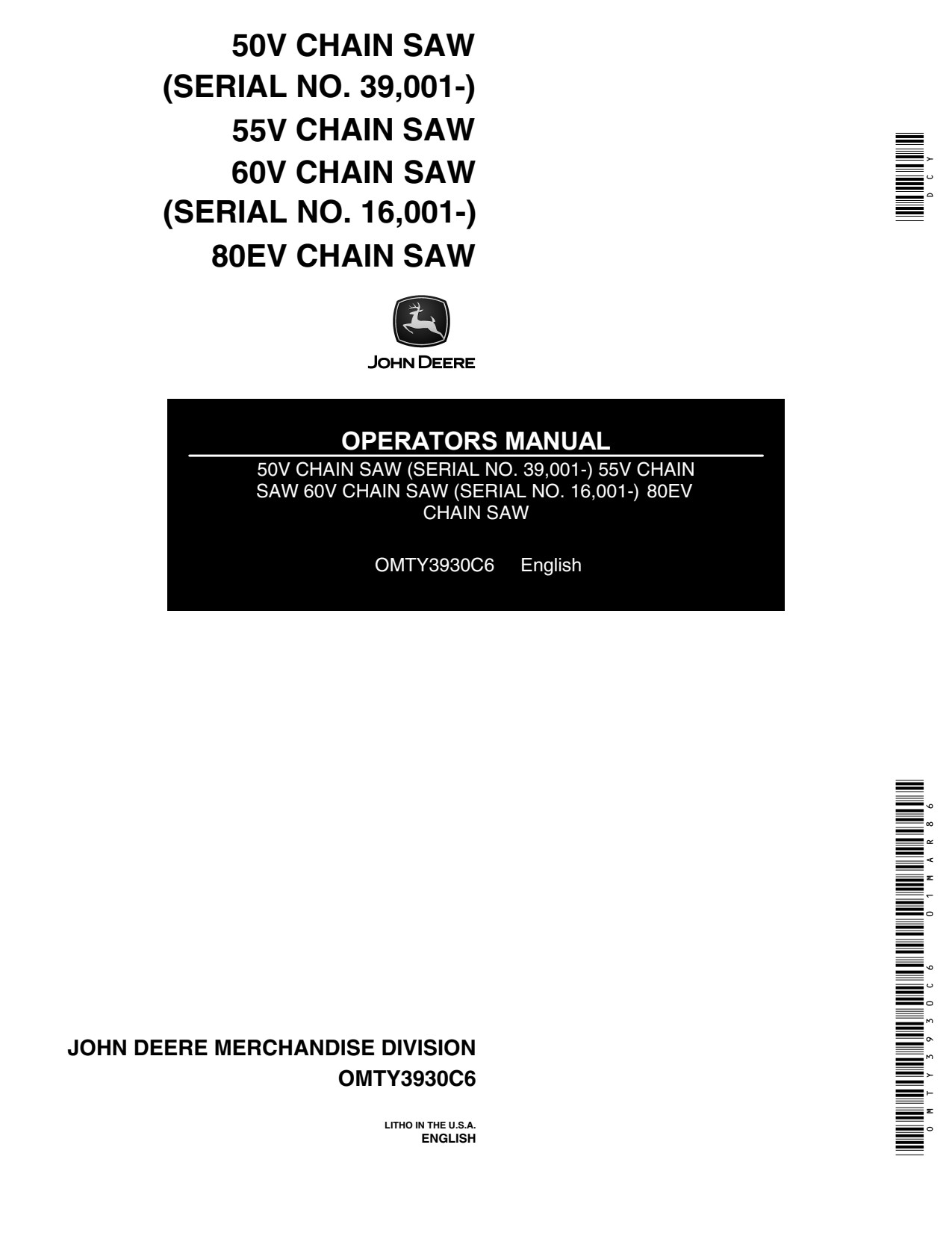 John Deere 50V 55V 60V 80EV Chainsaw Operator Manual OMTY3930 1 John Deere 50V 55V 60V 80EV Chainsaw Operator Manual OMTY3930