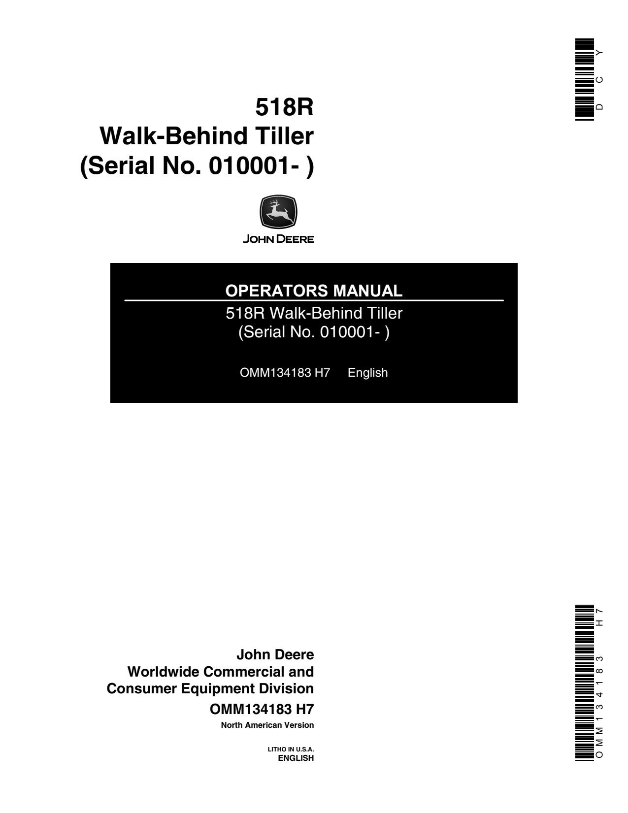 John Deere 518R Walk-behind Tiller Operator Manual OMM134183 1 John Deere 518R Walk-behind Tiller Operator Manual OMM134183