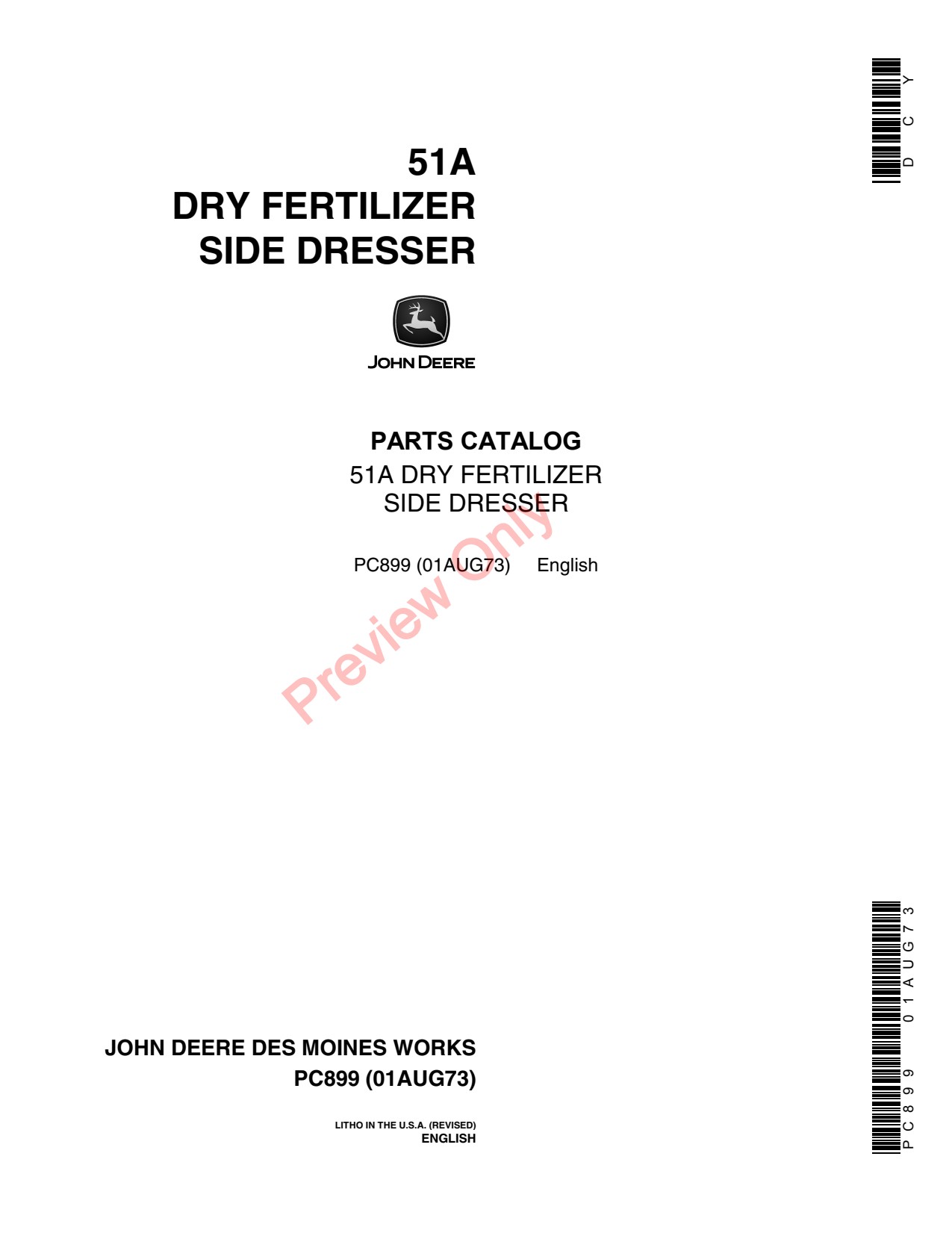 John Deere 51A Dry Fertilizer Side Dresser Parts Catalog PC899 1 John Deere 51A Dry Fertilizer Side Dresser Parts Catalog PC899