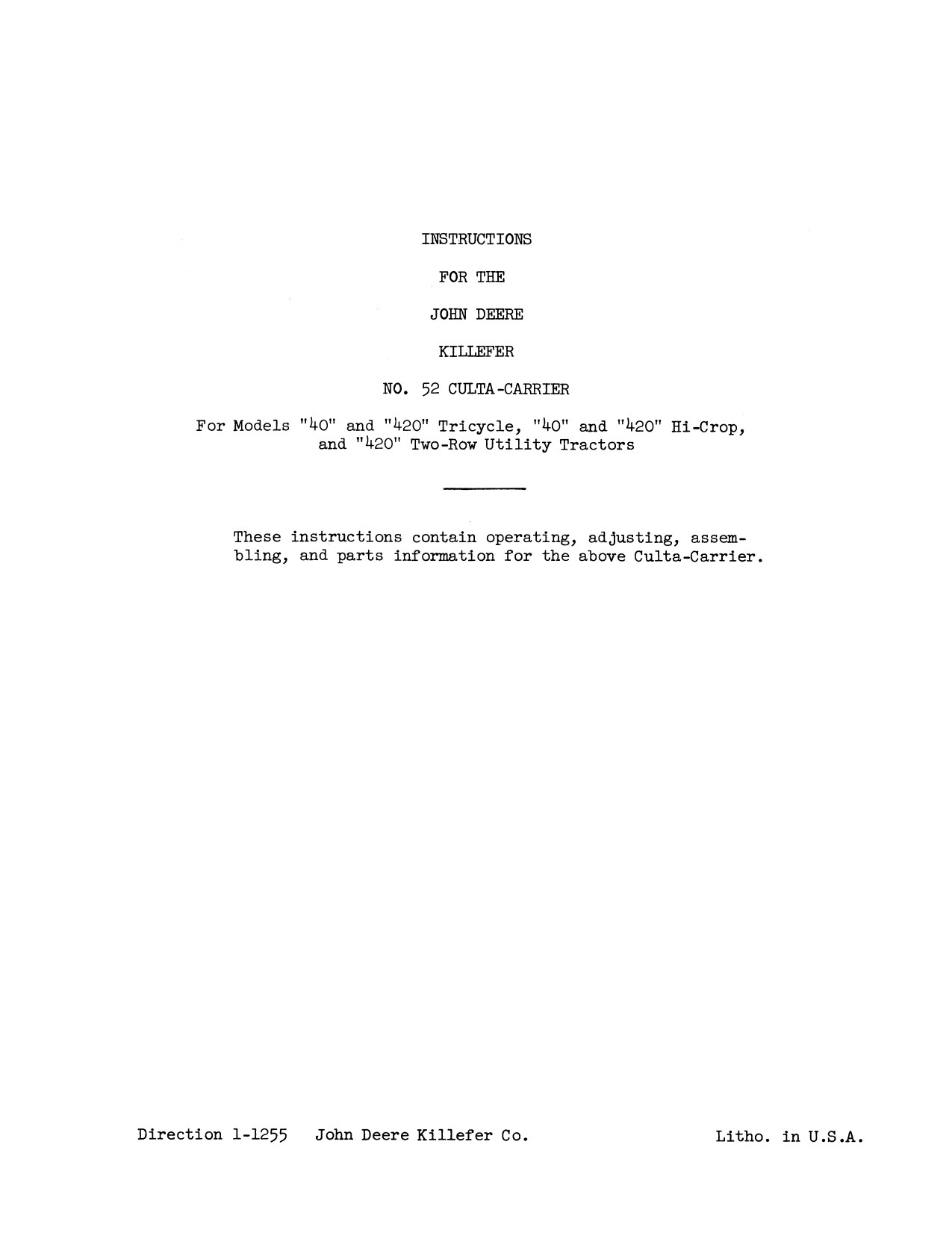 John Deere 52 Tool Carrier Operator Manual DIR1K 1 John Deere 52 Tool Carrier Operator Manual DIR1K