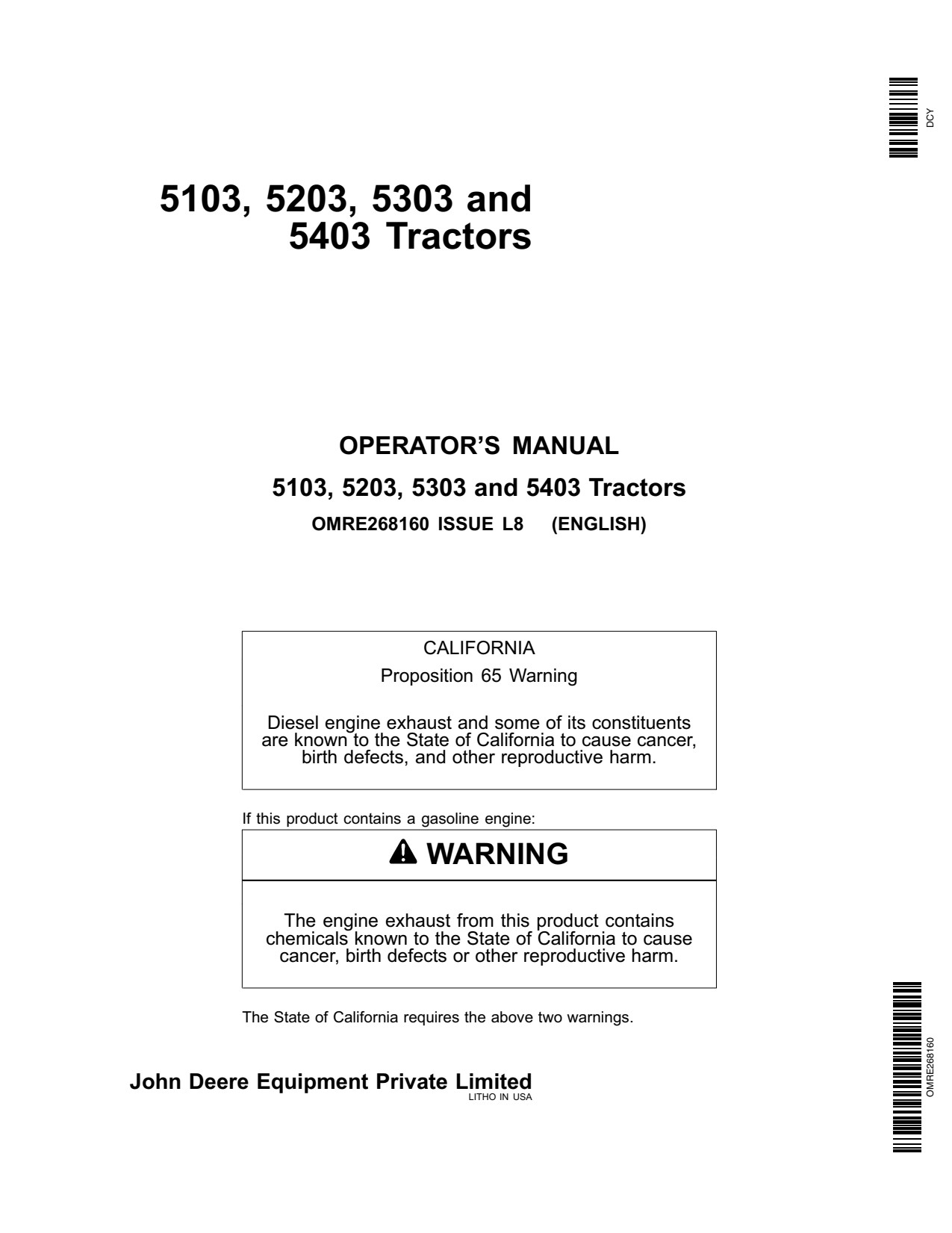 John Deere 5203 to 5403 5103 Australia Tractor Operator Manual OMRE268160 1 John Deere 5203 to 5403 5103 Australia Tractor Operator Manual OMRE268160