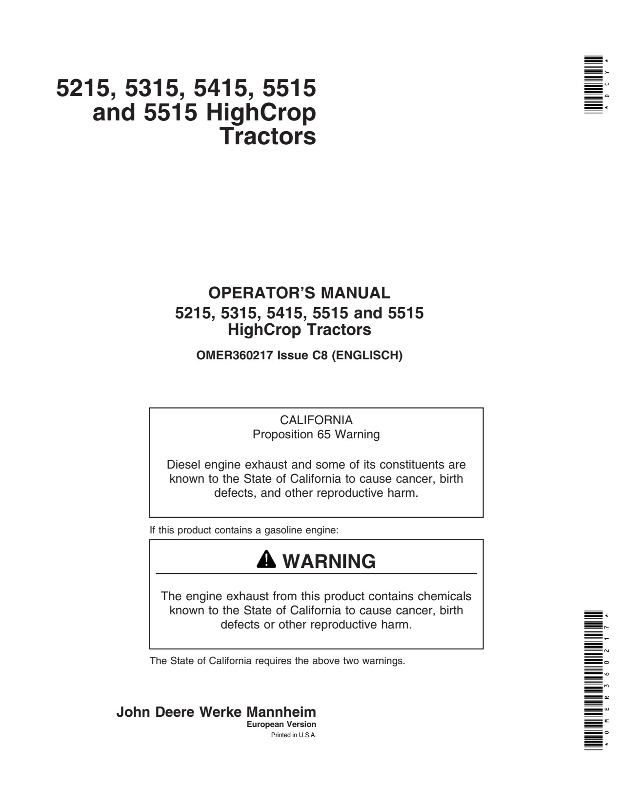 John Deere 5215 to 5515 Highcrop Tractor Operator Manual OMER360217 1 John Deere 5215 to 5515 Highcrop Tractor Operator Manual OMER360217