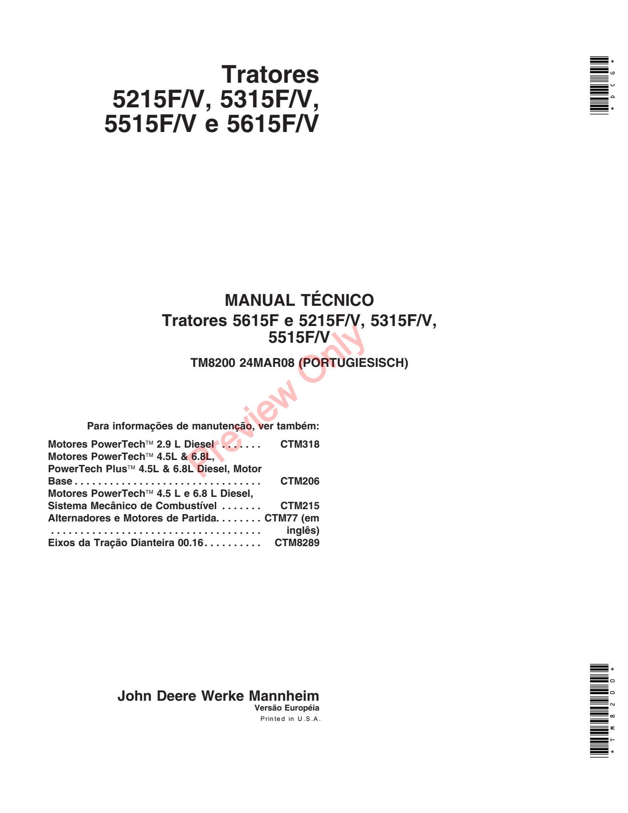 John Deere 5215F V 5315F 5615F 5515F Tractor Technical Manual TM8200 PT 1 John Deere 5215F V 5315F 5615F 5515F Tractor Technical Manual TM8200 PT