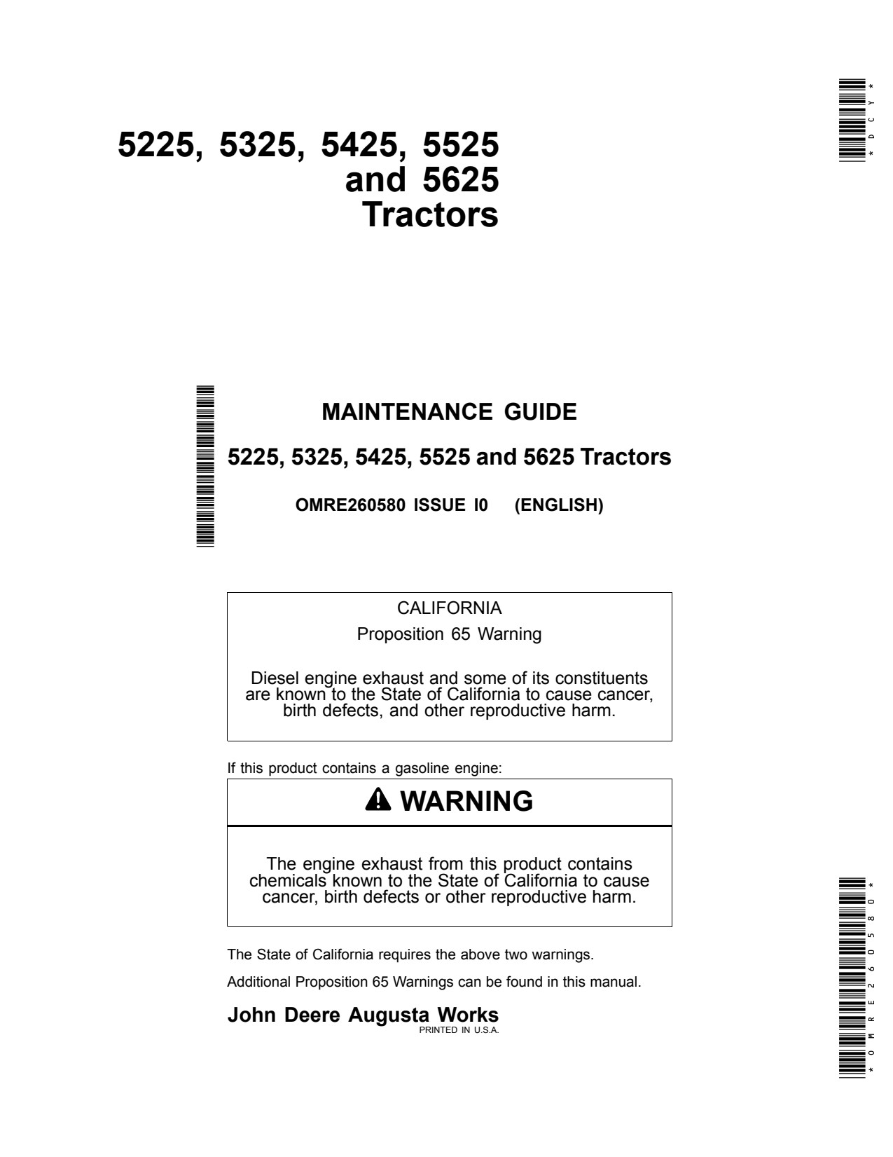 John Deere 5225 to 5525 5625 Tractor Maintenance Guide OMRE260580