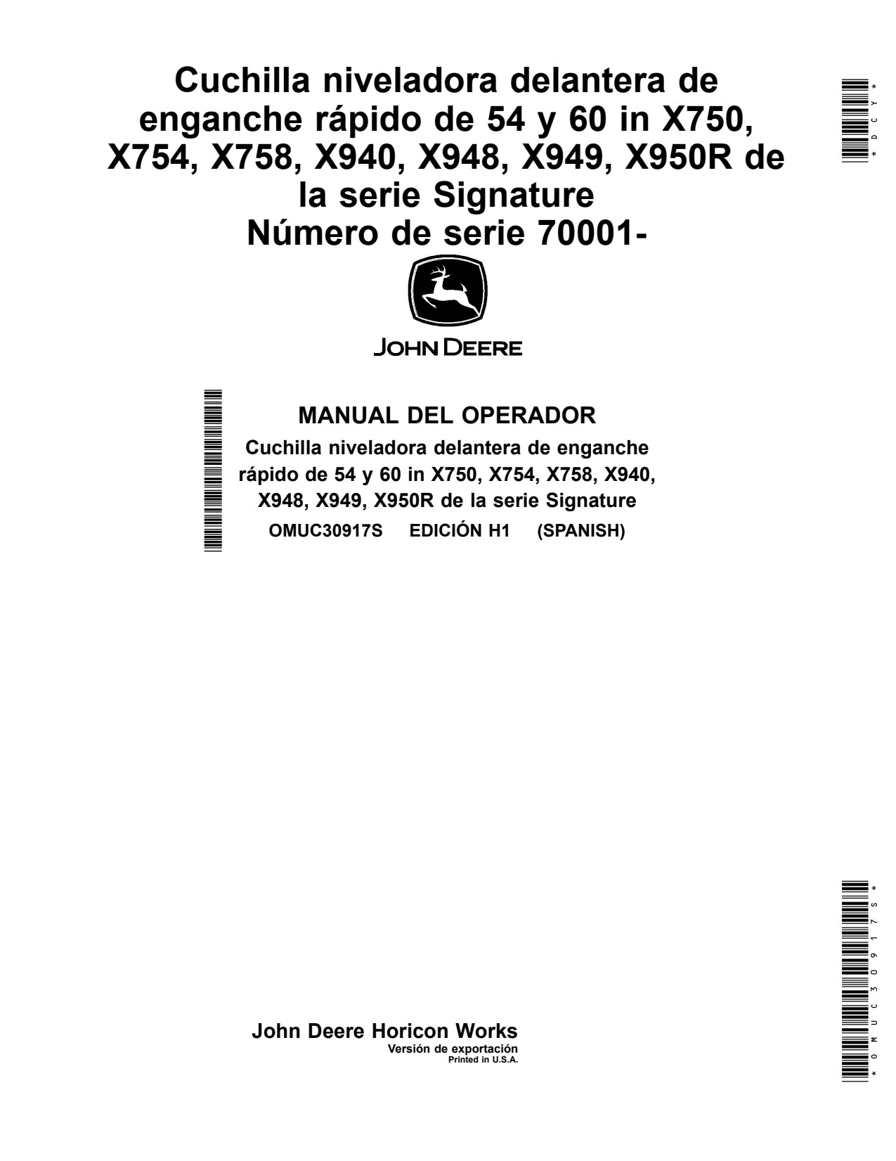 John Deere 54 60 X750 to X758 X940 X948 X949 X950R Hitch Front Blade Operator Manual OMUC30917s ES 1 John Deere 54 60 X750 to X758 X940 X948 X949 X950R Hitch Front Blade Operator Manual OMUC30917s ES