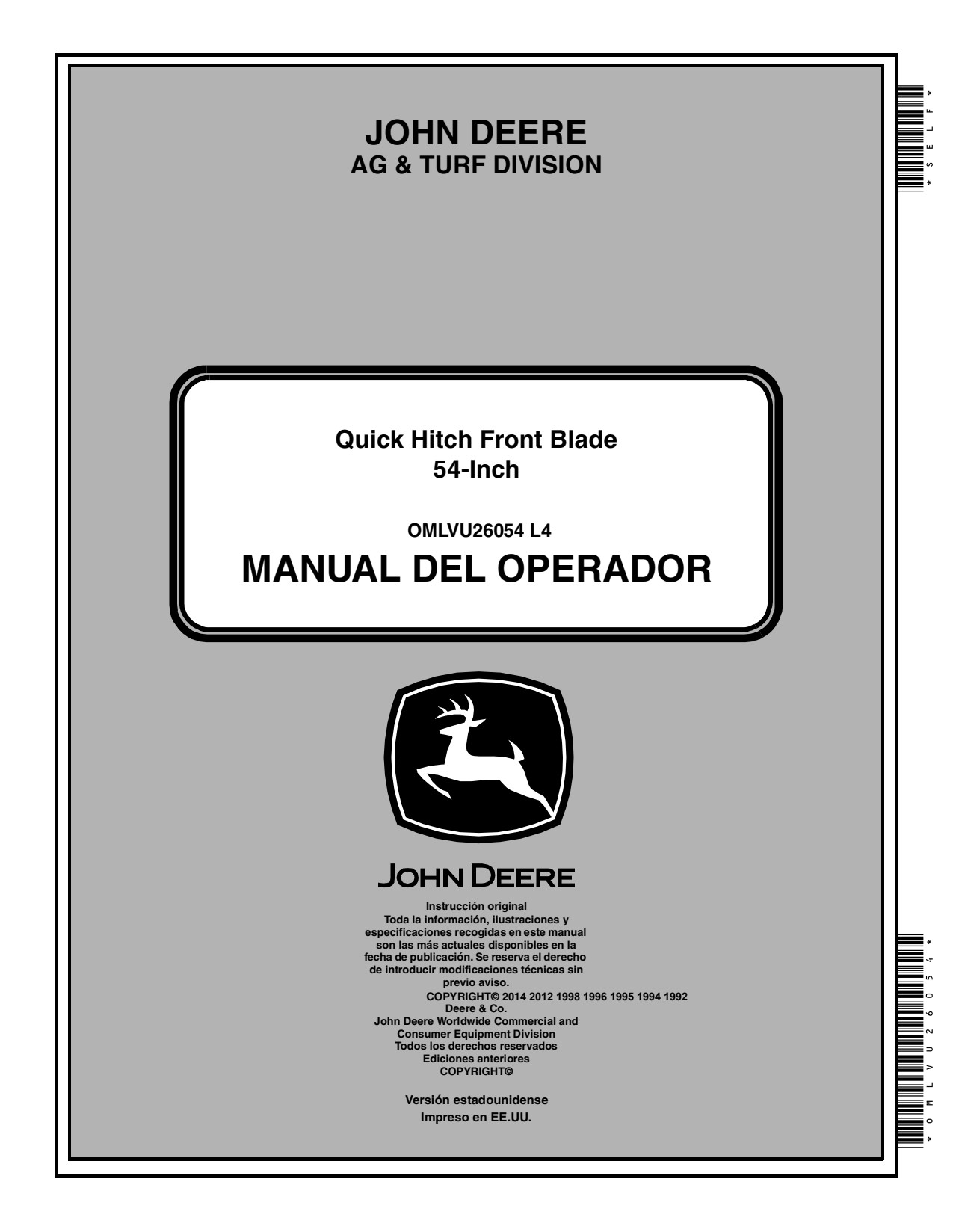 John Deere 54 Inch 2210 4010 4100 4115 2520 2320 2720 1025R Hitch Front Blade Operator Manual OMLVU26054 ES 1 John Deere 54 Inch 2210 4010 4100 4115 2520 2320 2720 1025R Hitch Front Blade Operator Manual OMLVU26054 ES