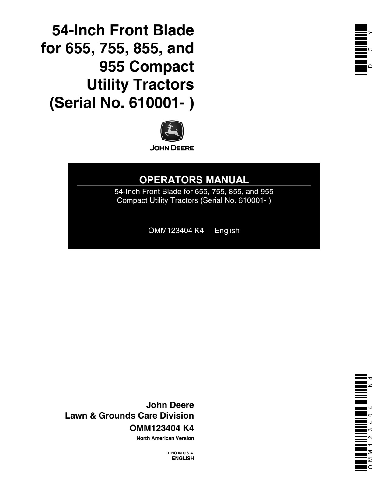 John Deere 54 Inch 655 755 955 855 Compact Utility Tractor Operator Manual OMM123404 1 John Deere 54 Inch 655 755 955 855 Compact Utility Tractor Operator Manual OMM123404