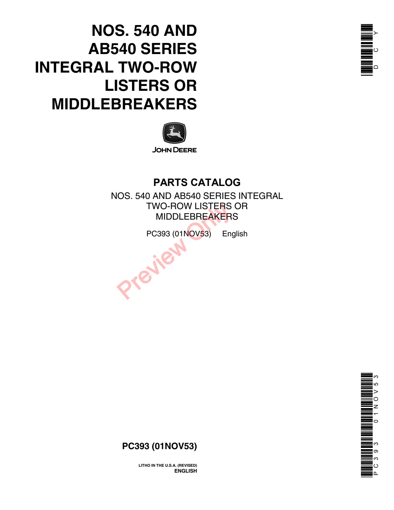 John Deere 540 Integral Two-row Lister Parts Catalog PC393