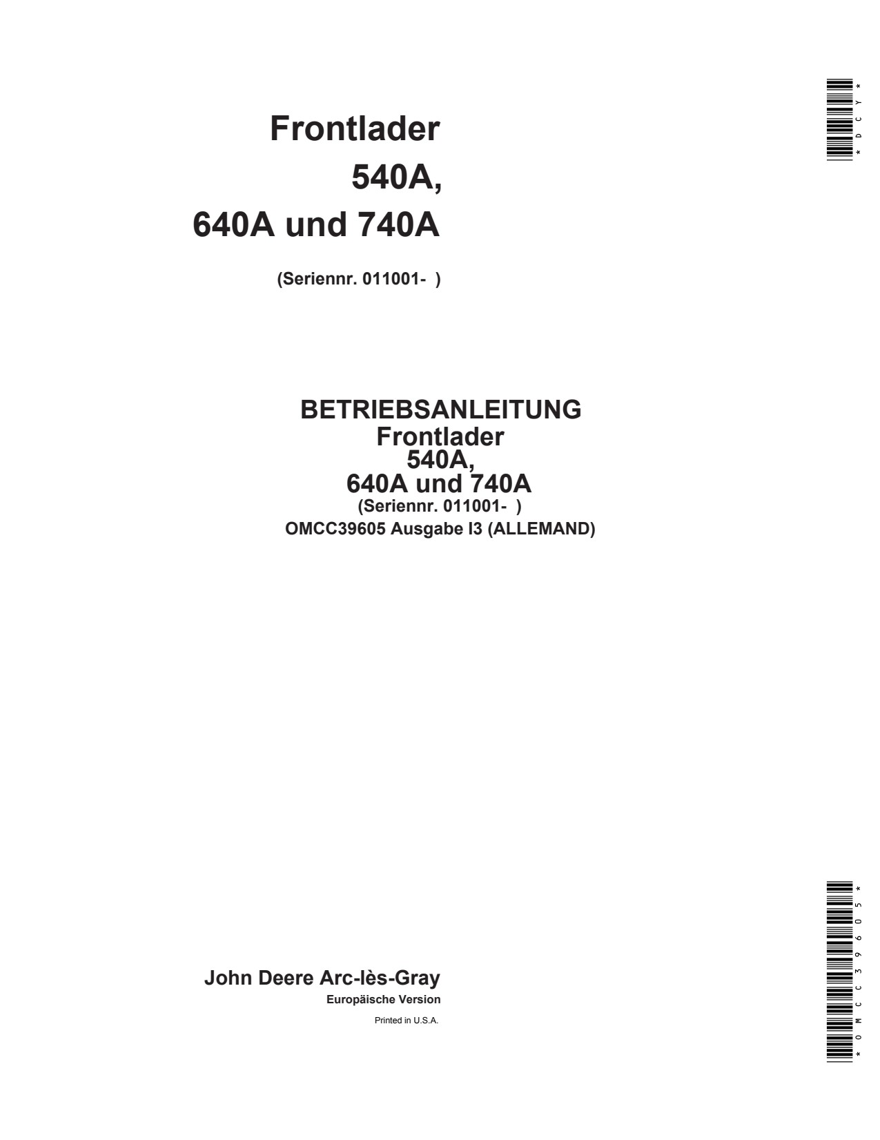 John Deere 540A 640A 740A Loader Operator Manual OMCC39605 DE 1 John Deere 540A 640A 740A Loader Operator Manual OMCC39605 DE
