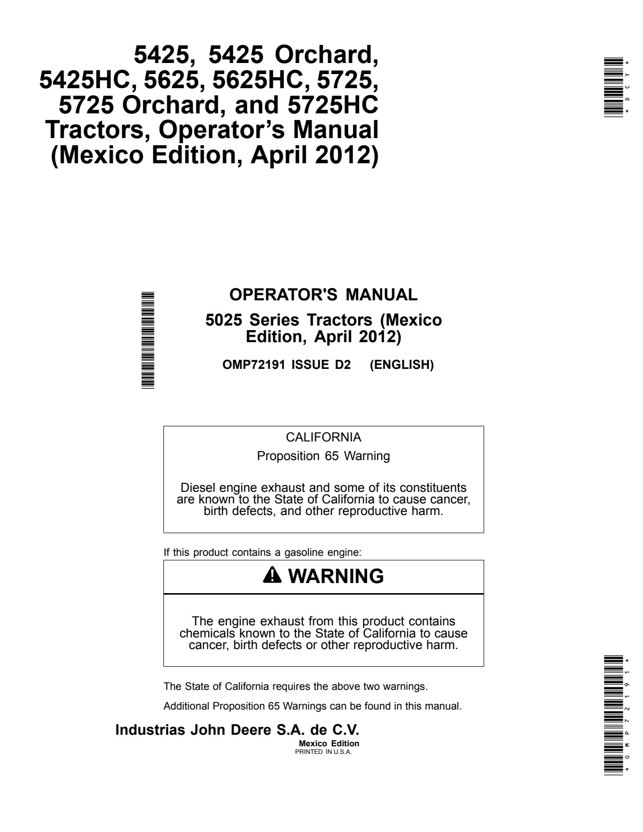 John Deere 5425 5625 5725 5725HC 5425HC 5625HC 5725N Tractor Operator Manual OMP72191 1 John Deere 5425 5625 5725 5725HC 5425HC 5625HC 5725N Tractor Operator Manual OMP72191