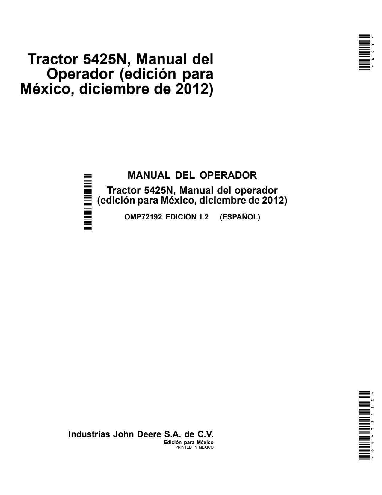 John Deere 5425N Tractor Operator Manual OMP72192 ES 1 John Deere 5425N Tractor Operator Manual OMP72192 ES